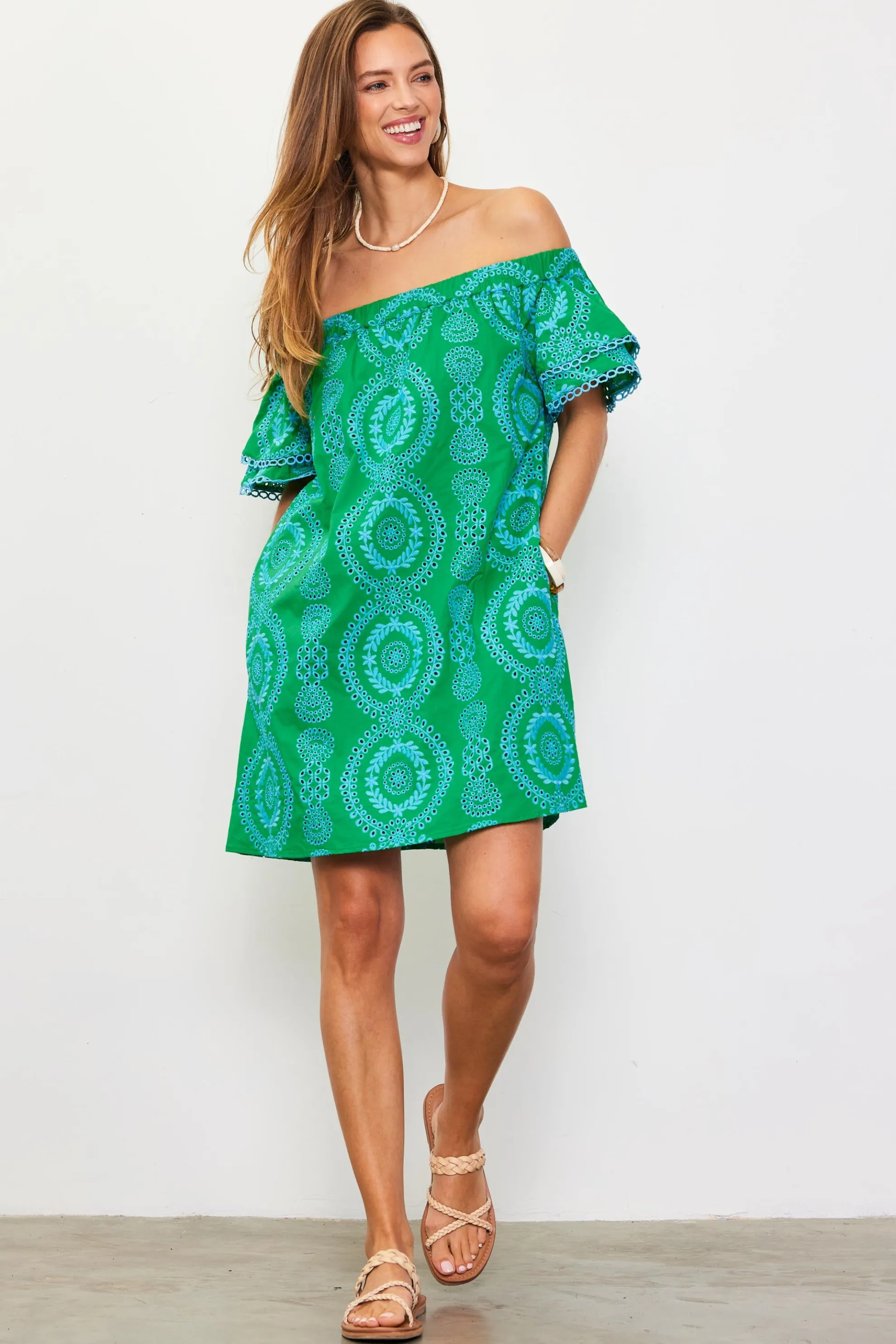 Embroidered Eyelet Off Shoulder Dress