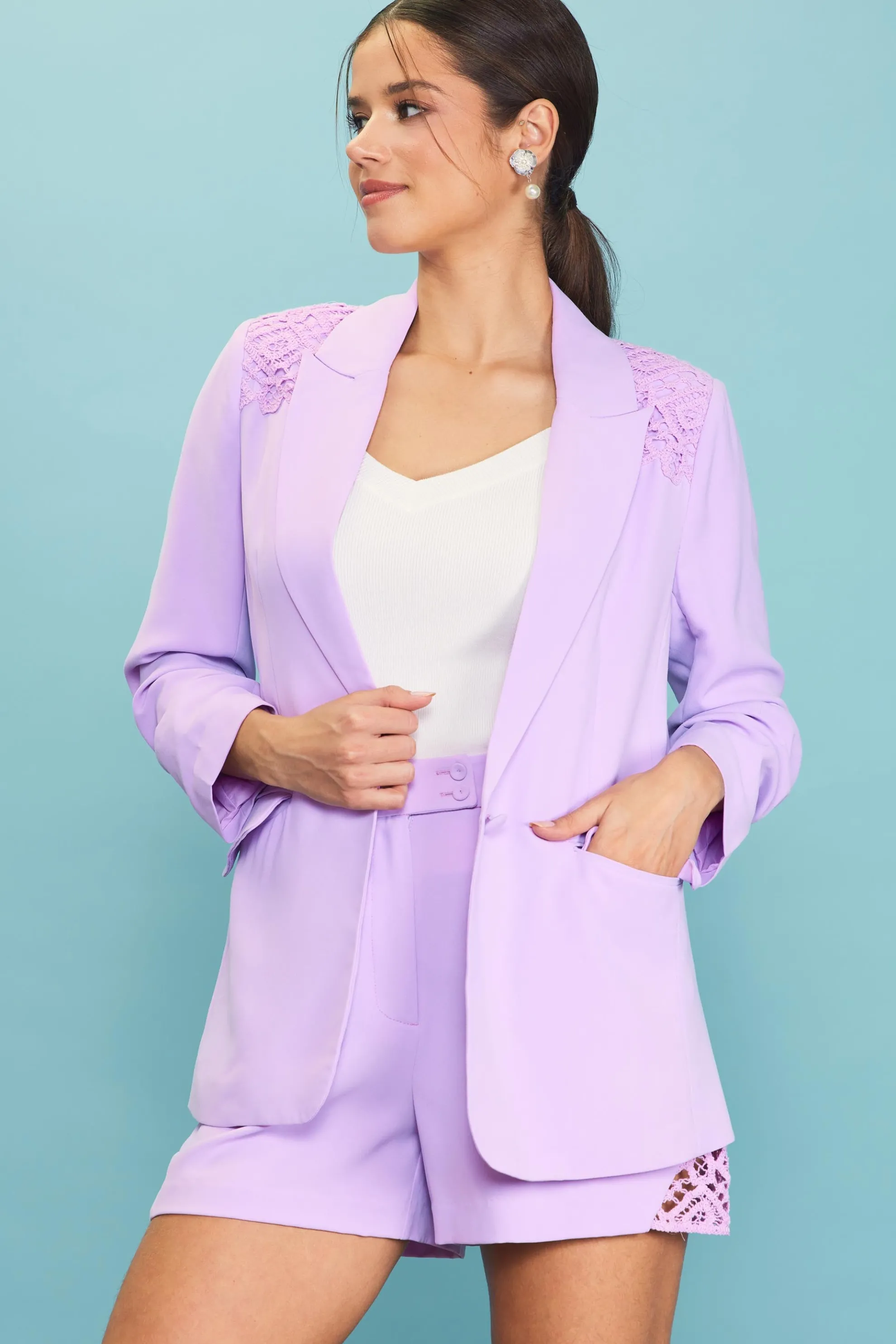 Crochet Trim Shirred Sleeve Blazer