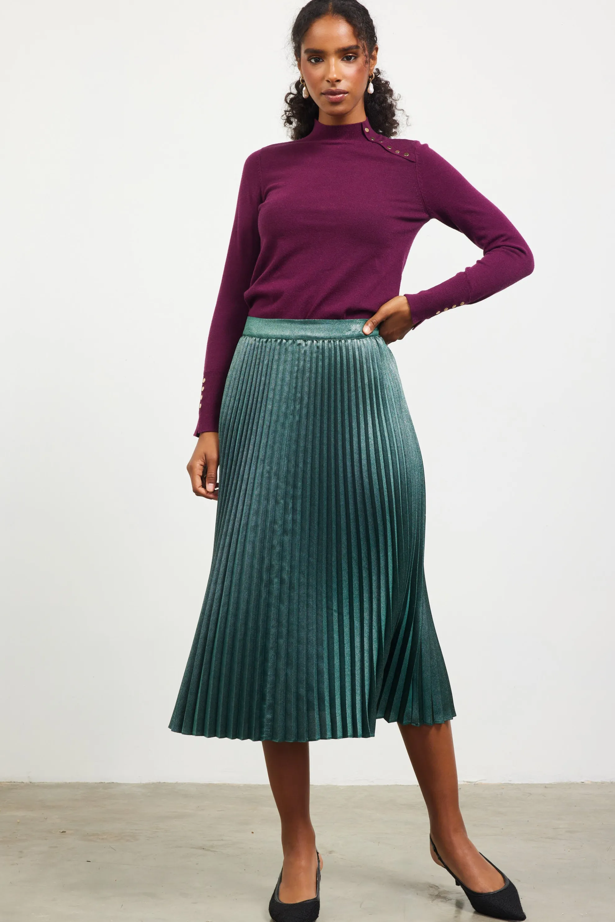 Metallic Foil Pleated Midi Skirt