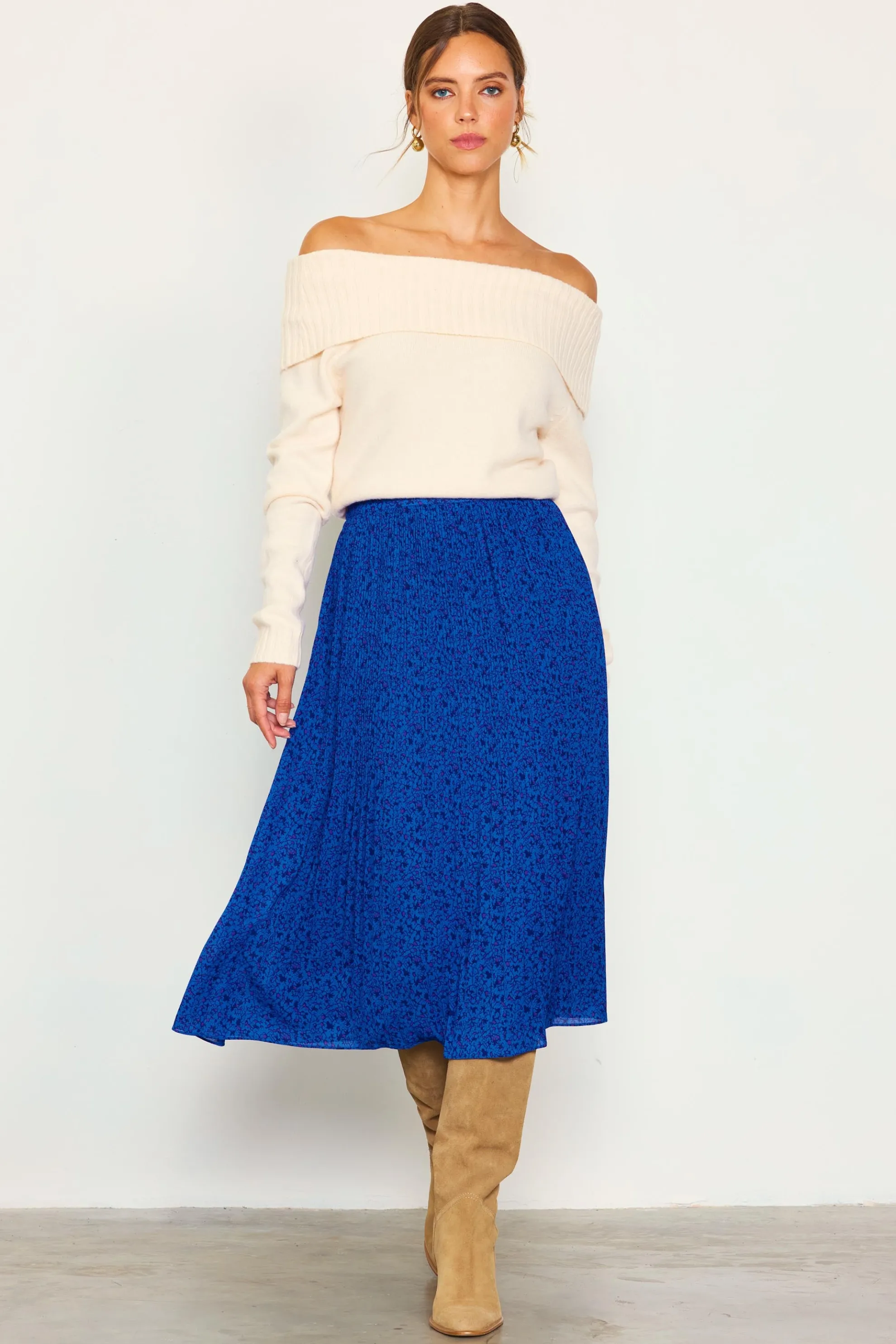 Pleated Floral Midi Skirt