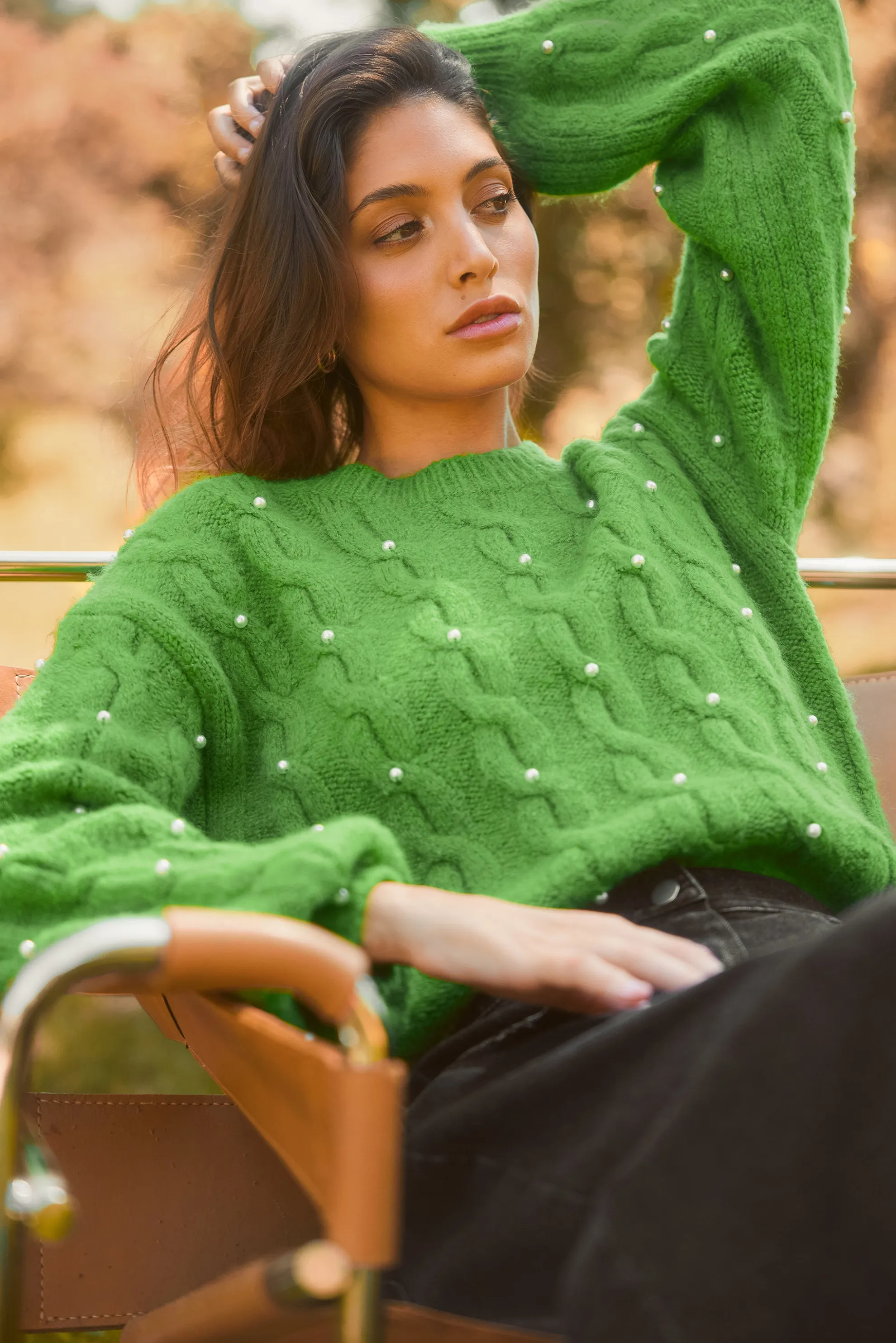 Pearl Detail Cable Knit Sweater