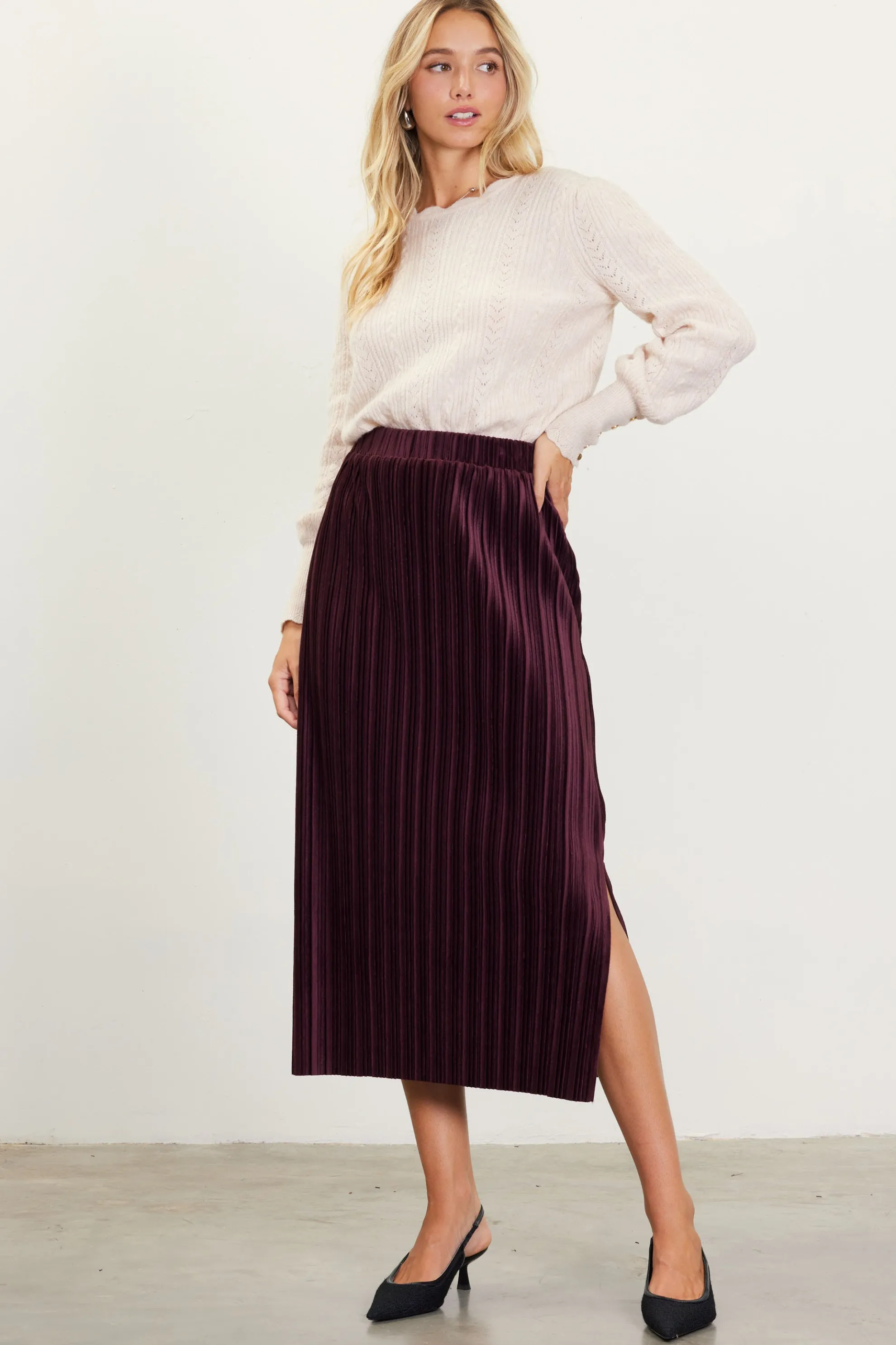 Pleated Velvet Midi Skirt