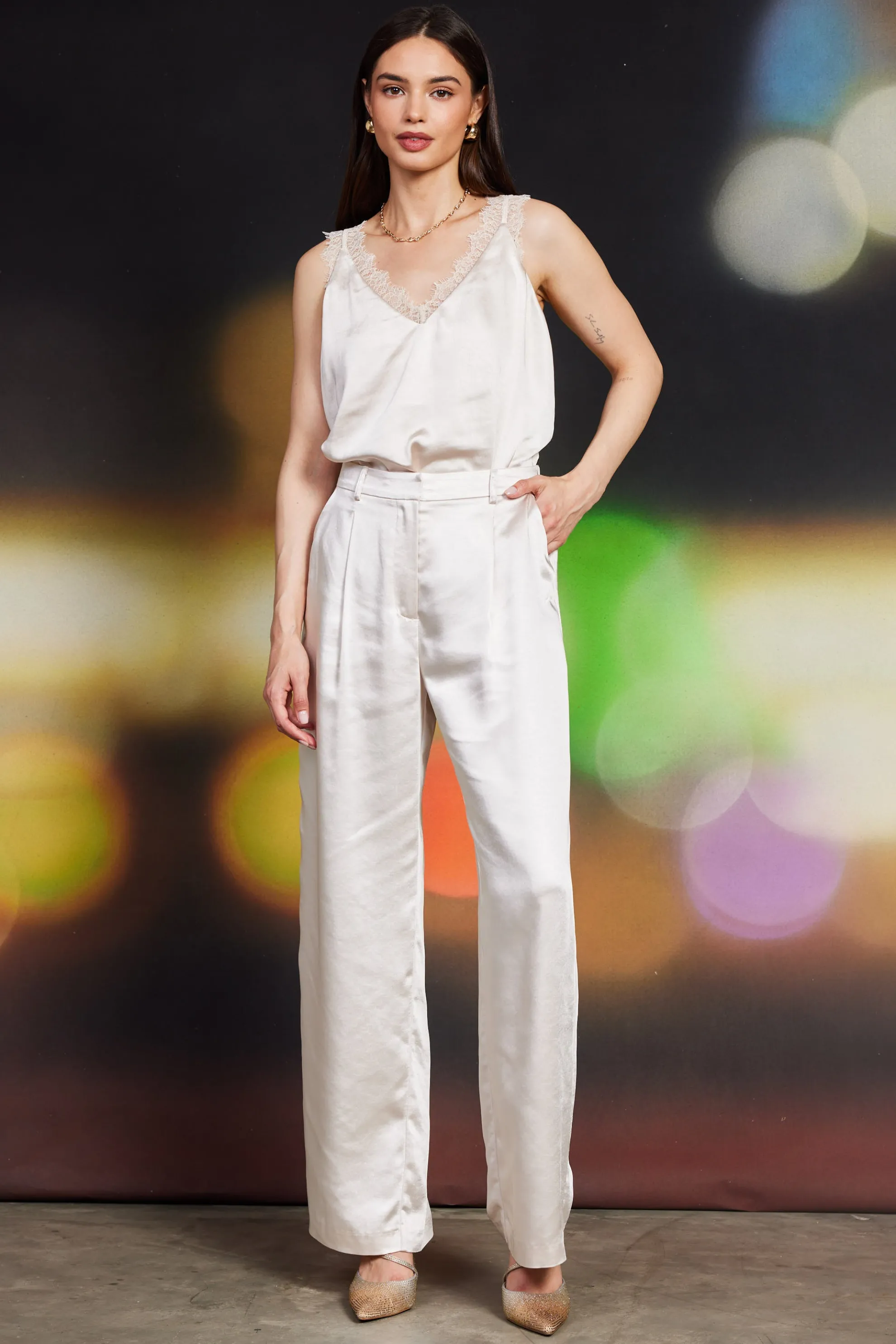 High Waisted Satin Straight Leg Pant