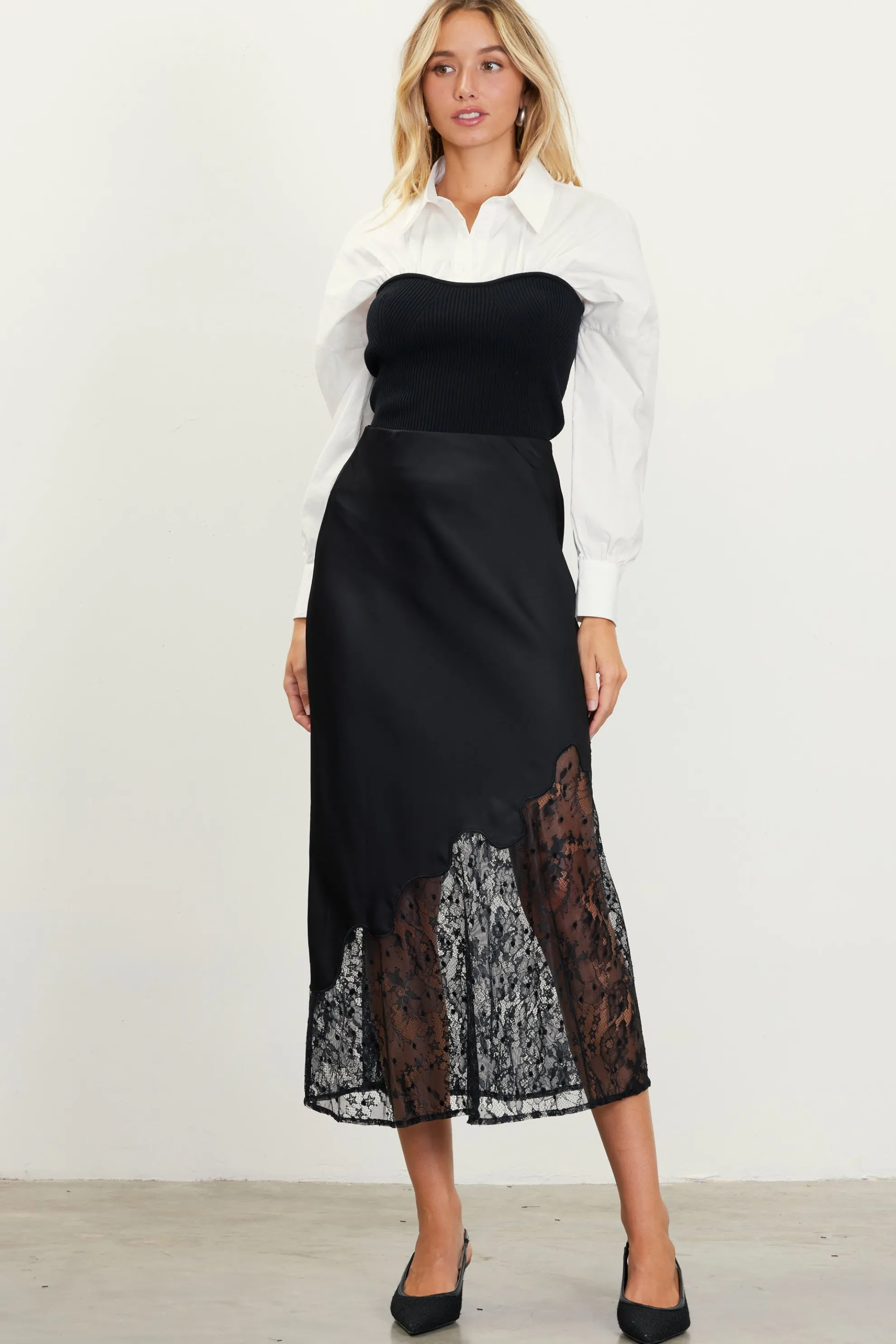 Asymmetrical Lace Satin Skirt