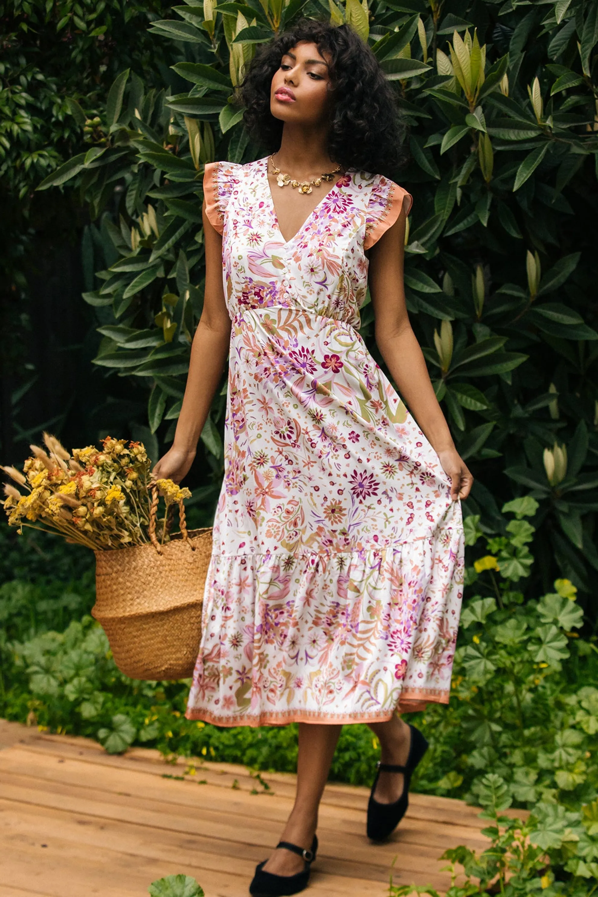 Magnolia Border Print Flutter Sleeve Dress