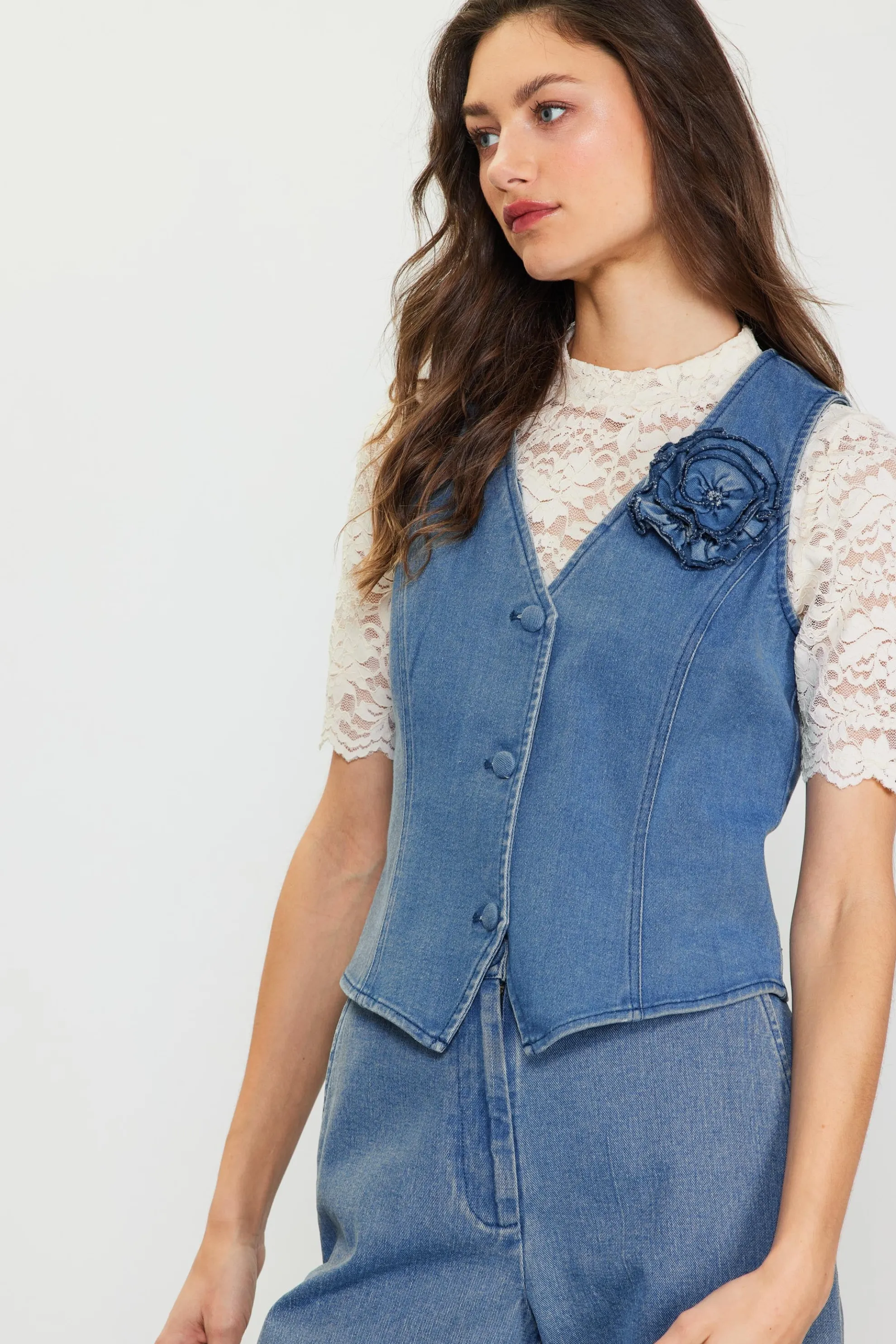 Denim Vest With Detachable Rosette