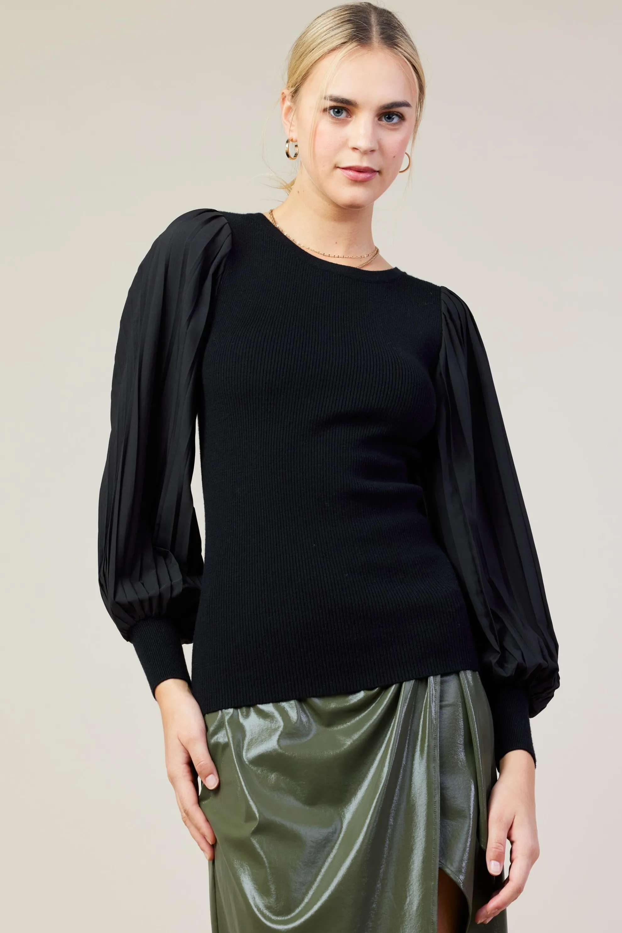 Mixed Media Pleated Sleeve Top