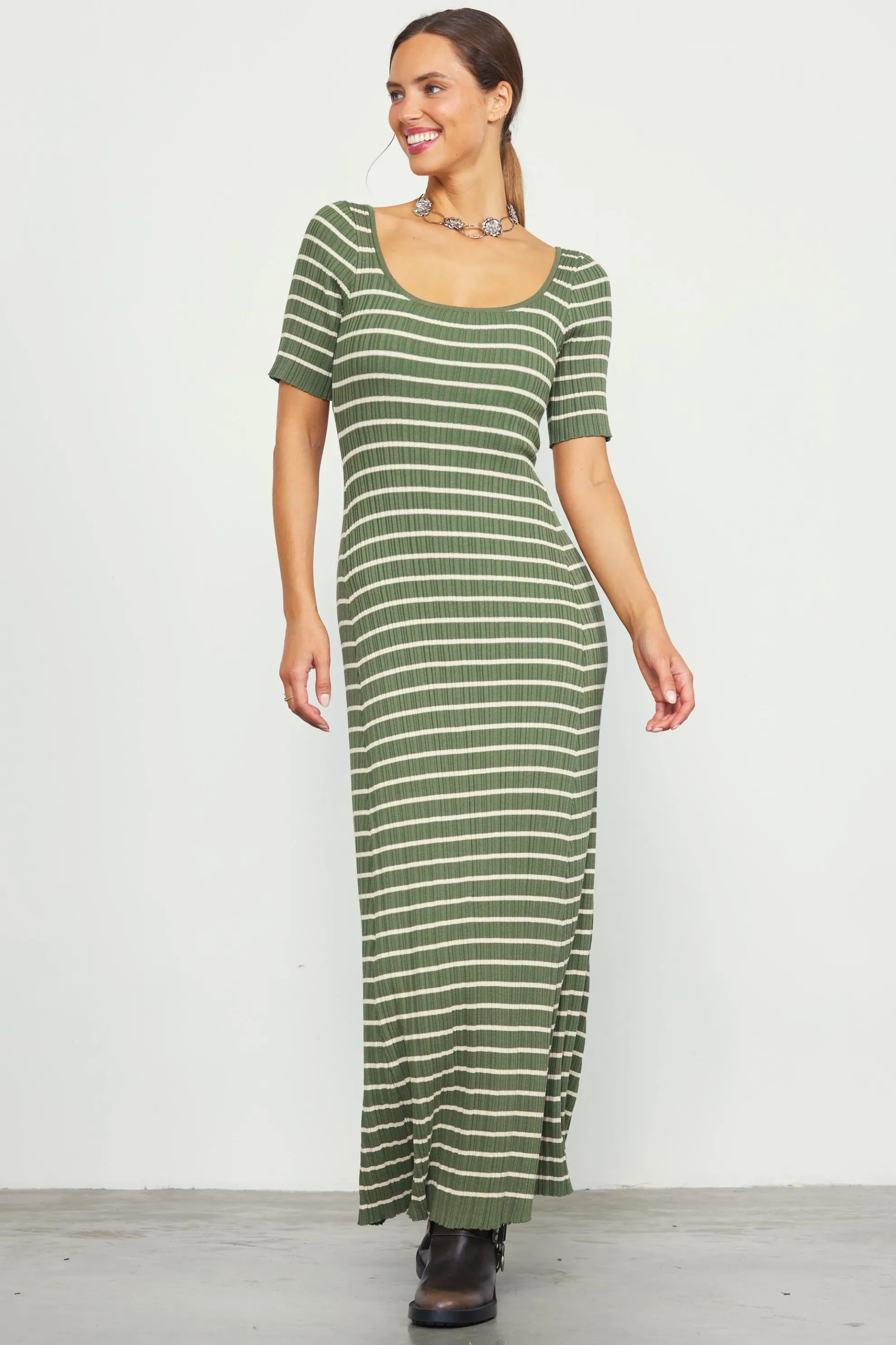 Short Sleeve Striped Knit Maxi Dress