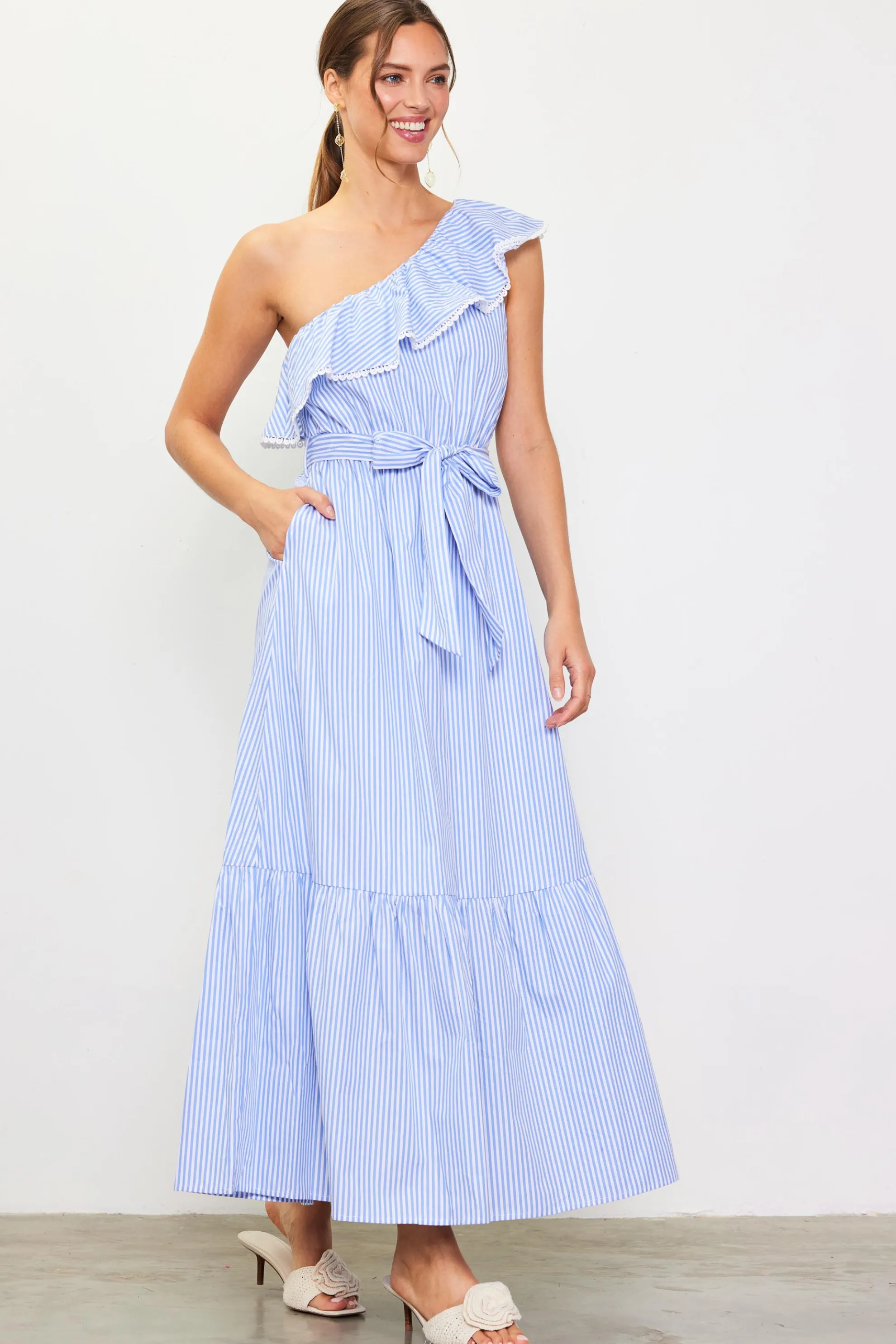 Striped One Shoulder Ruffle Dress