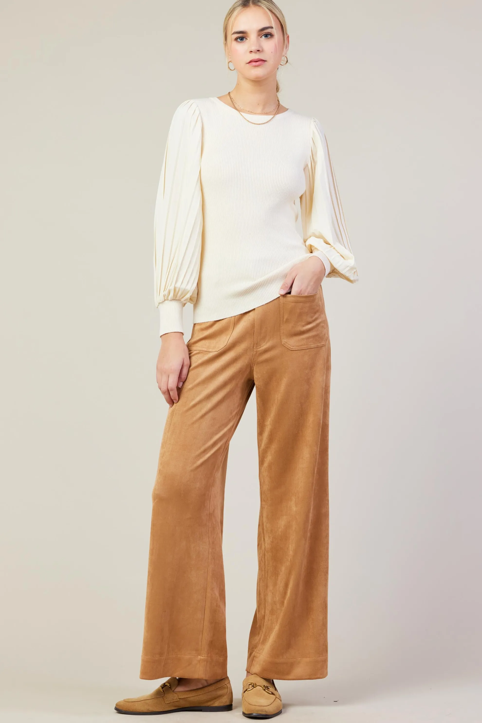 Mixed Media Pleated Sleeve Top