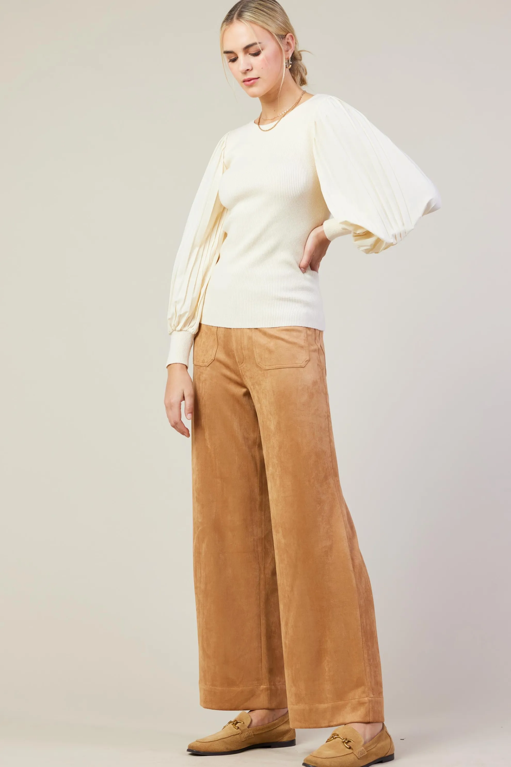 Mixed Media Pleated Sleeve Top