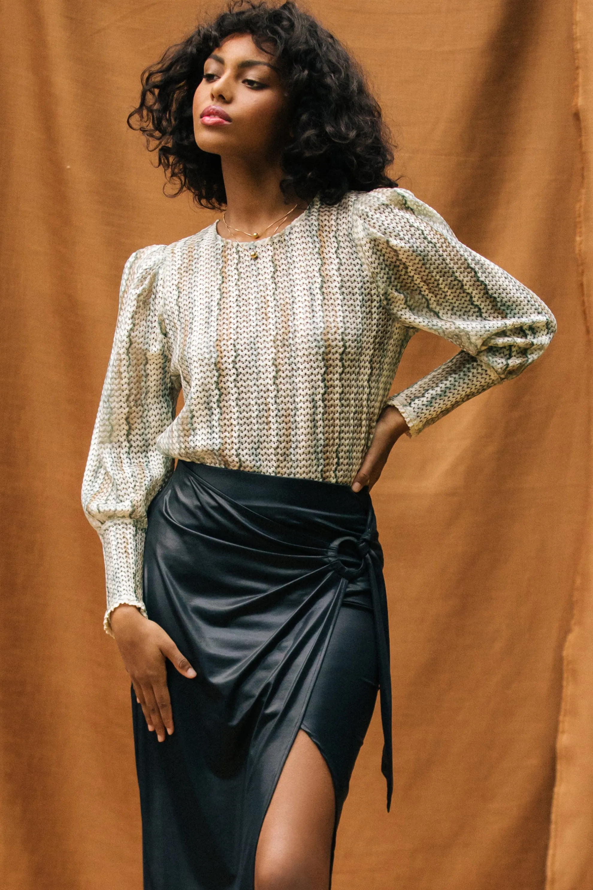 Printed Crochet Round Neck Top