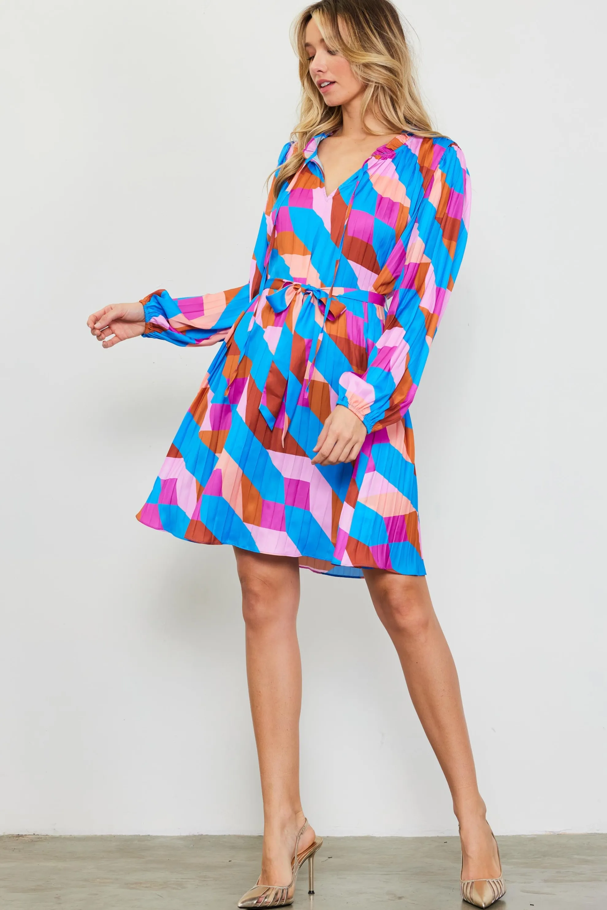 Pleated Geometric Print Mini Dress