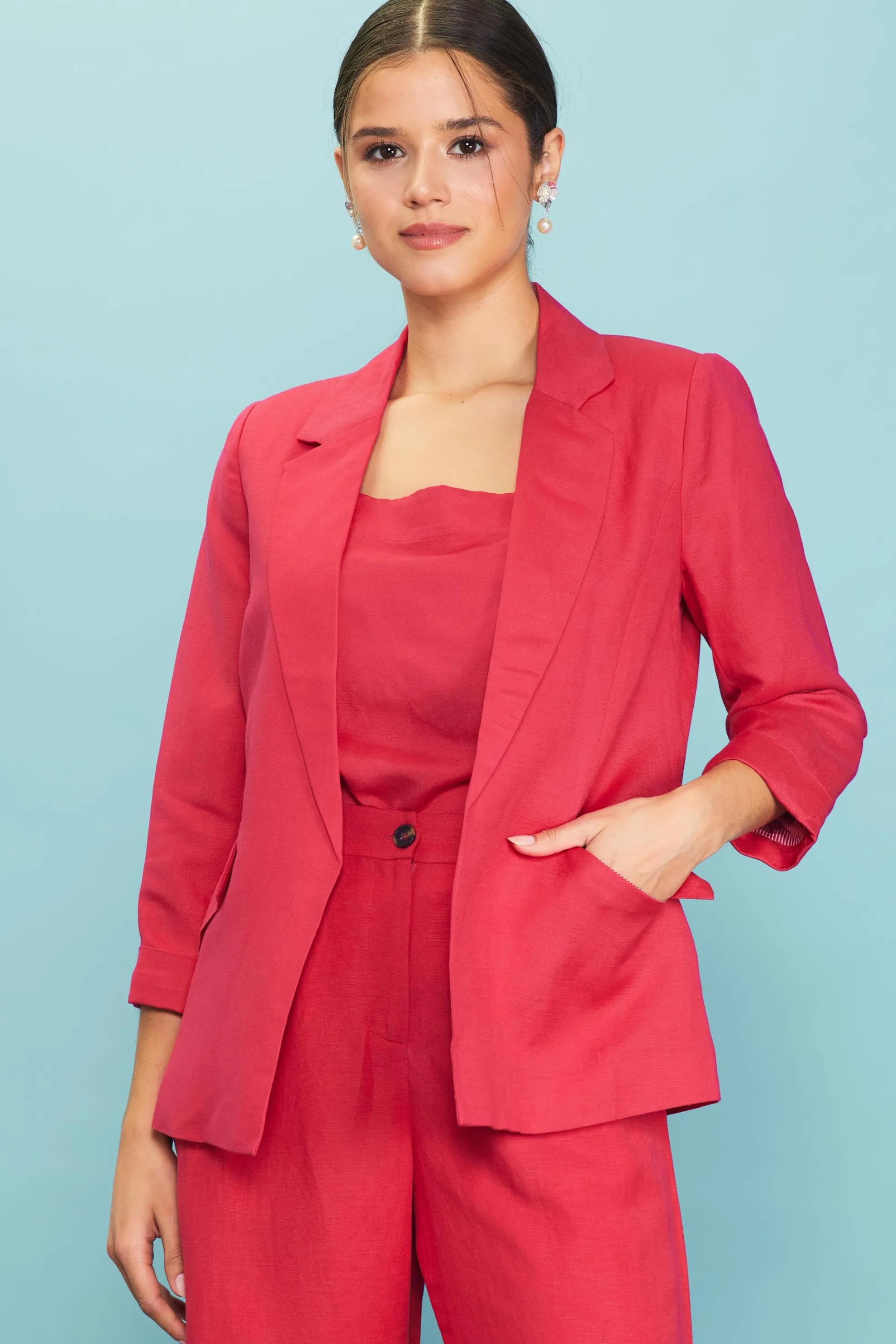Linen Blend Three-Quarter Sleeve Blazer