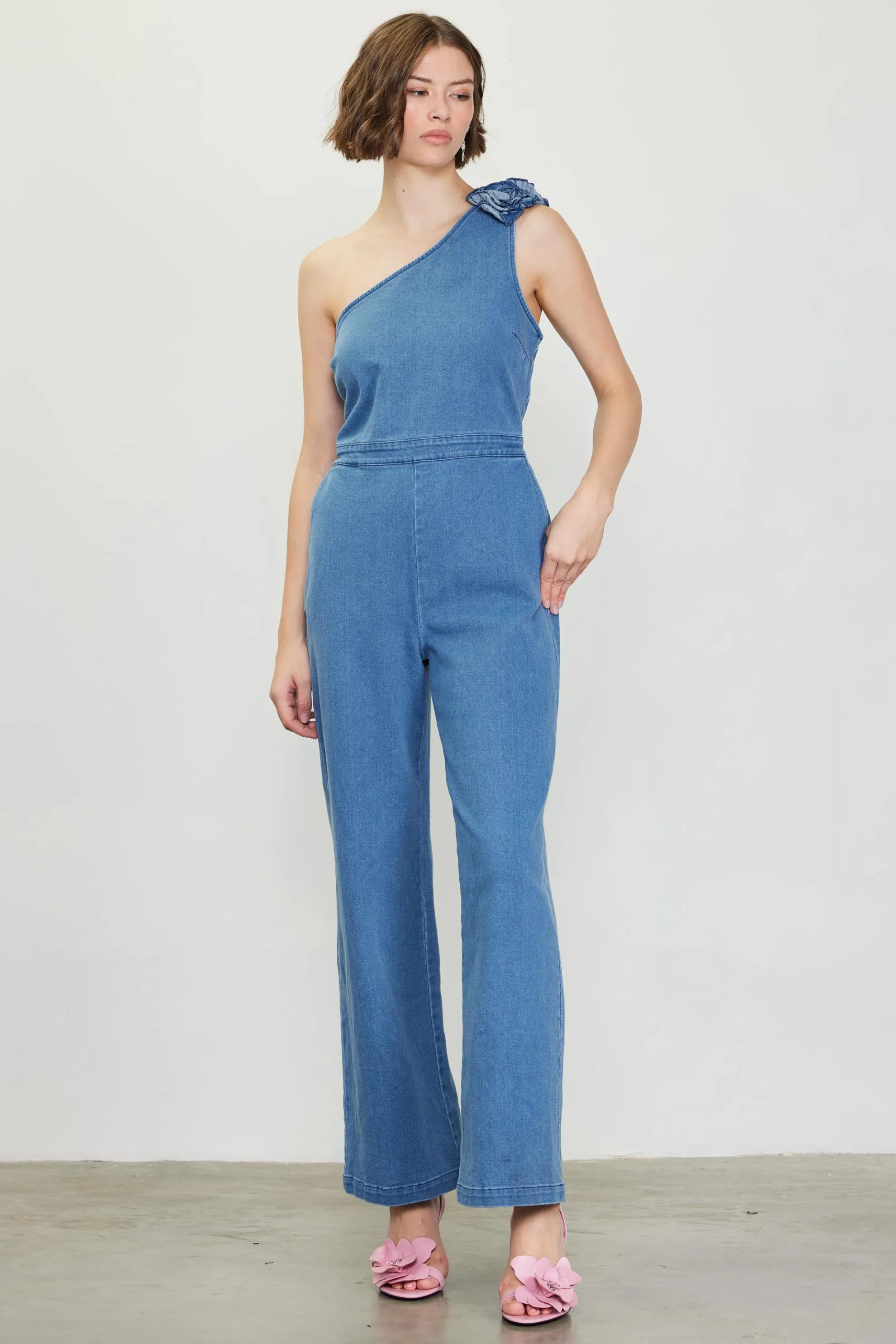 One Shoulder Denim Jumpsuit with Rosette