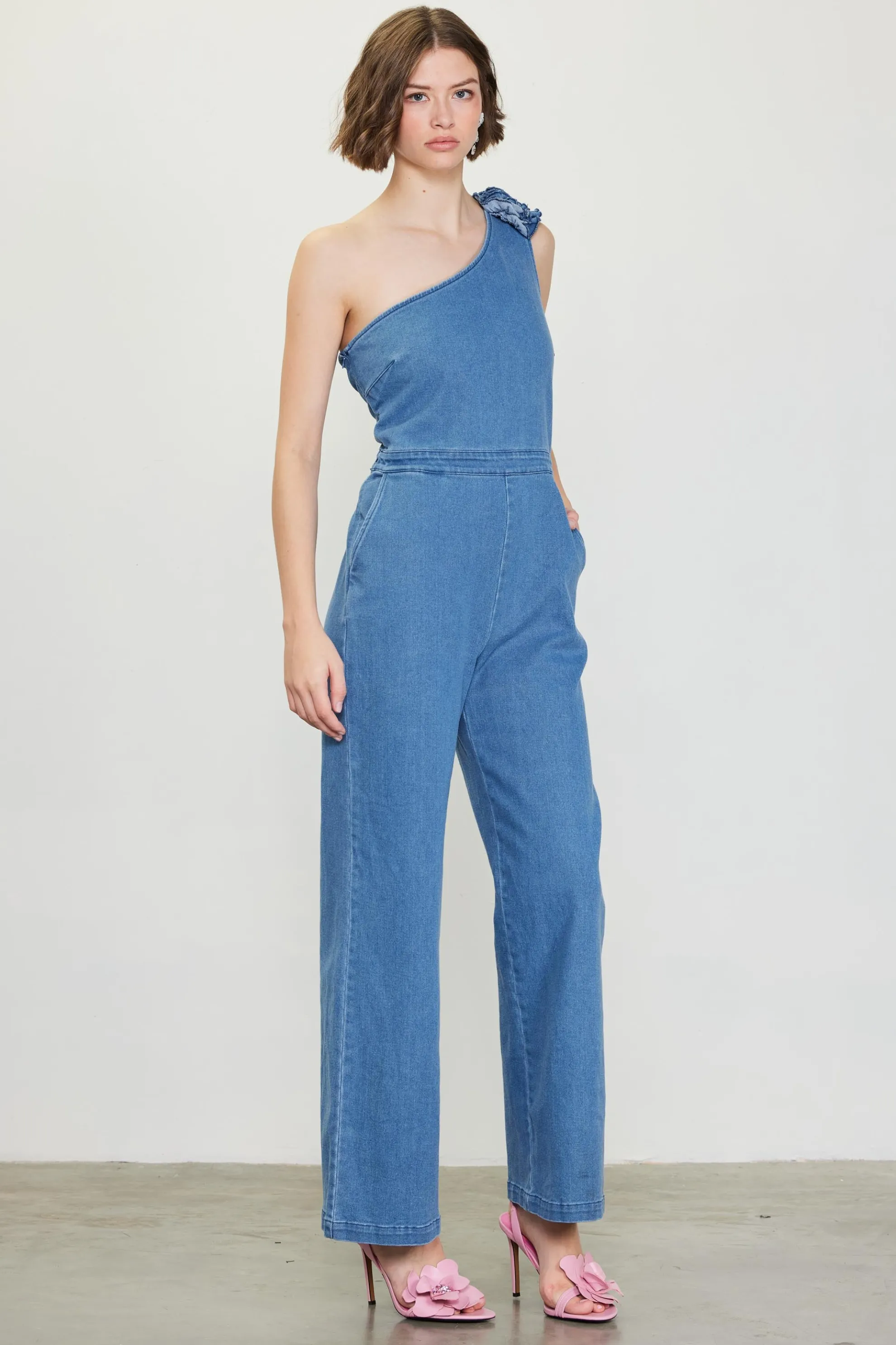 One Shoulder Denim Jumpsuit with Rosette