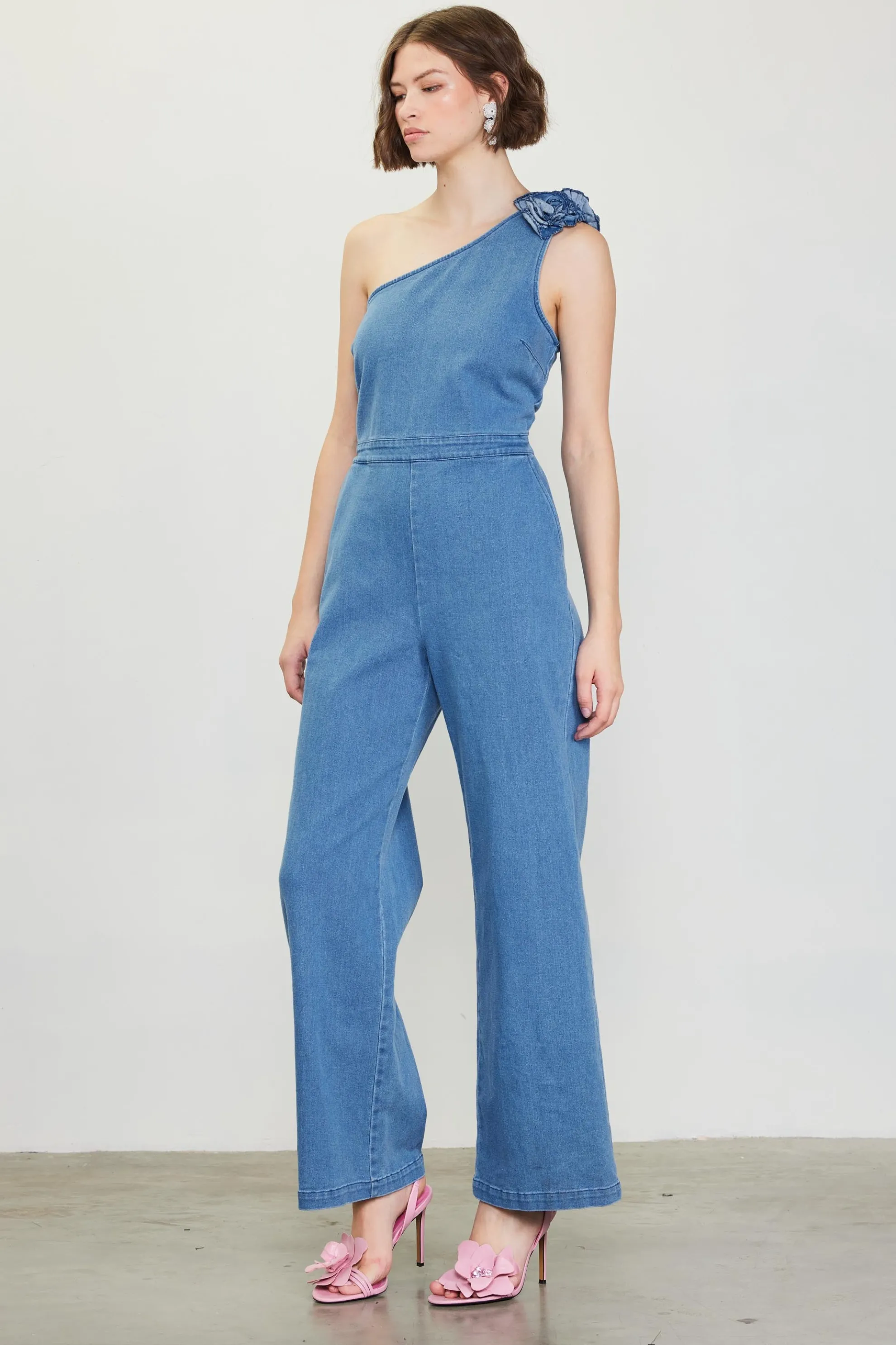 One Shoulder Denim Jumpsuit with Rosette