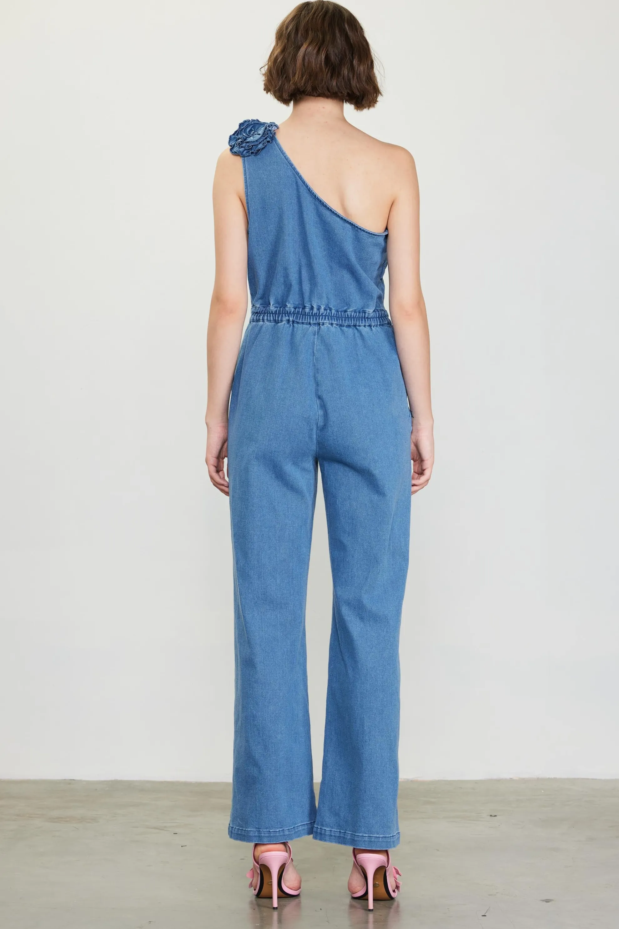 One Shoulder Denim Jumpsuit with Rosette