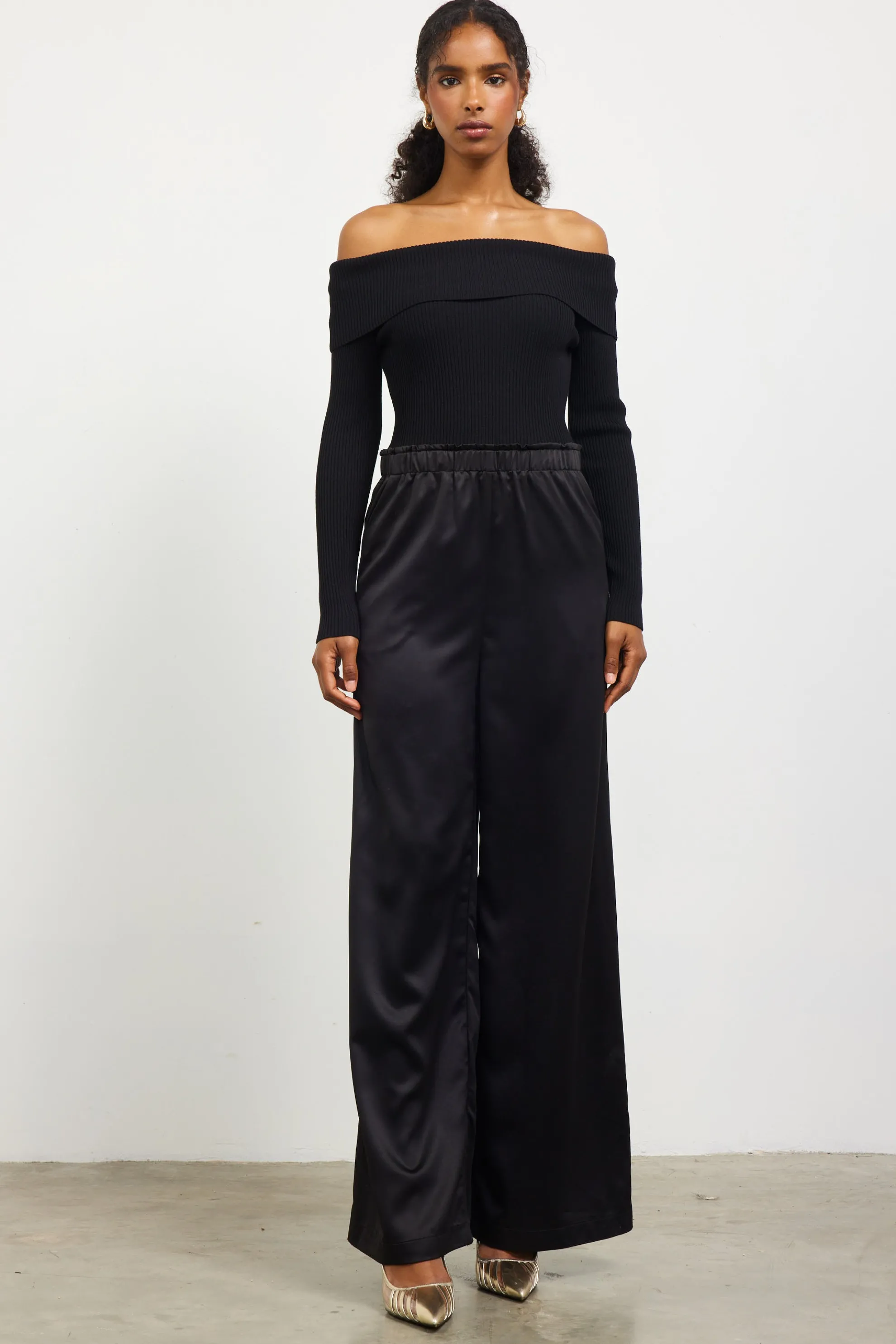 Mixed Media Off-Shoulder Jumpsuit