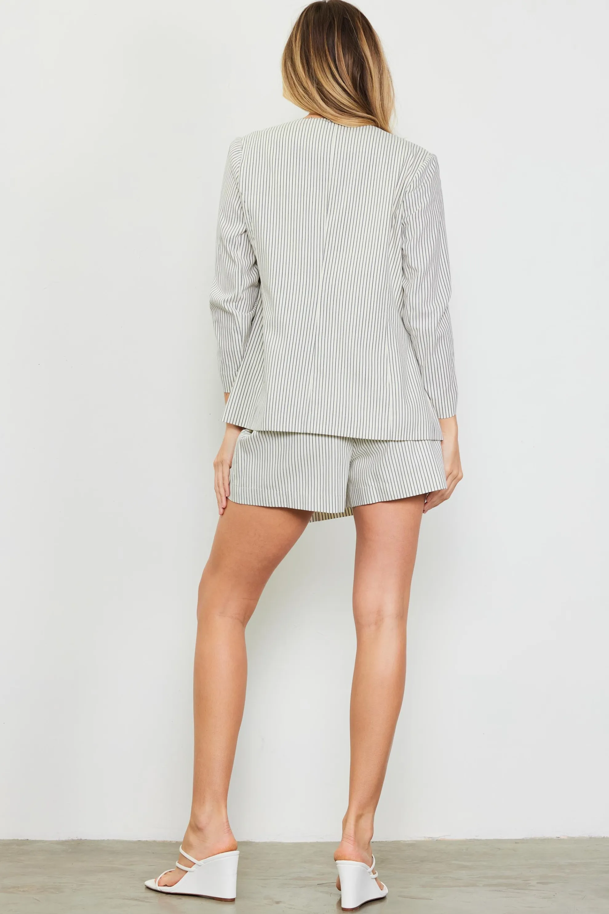 Pinstriped Shirred Sleeve Blazer