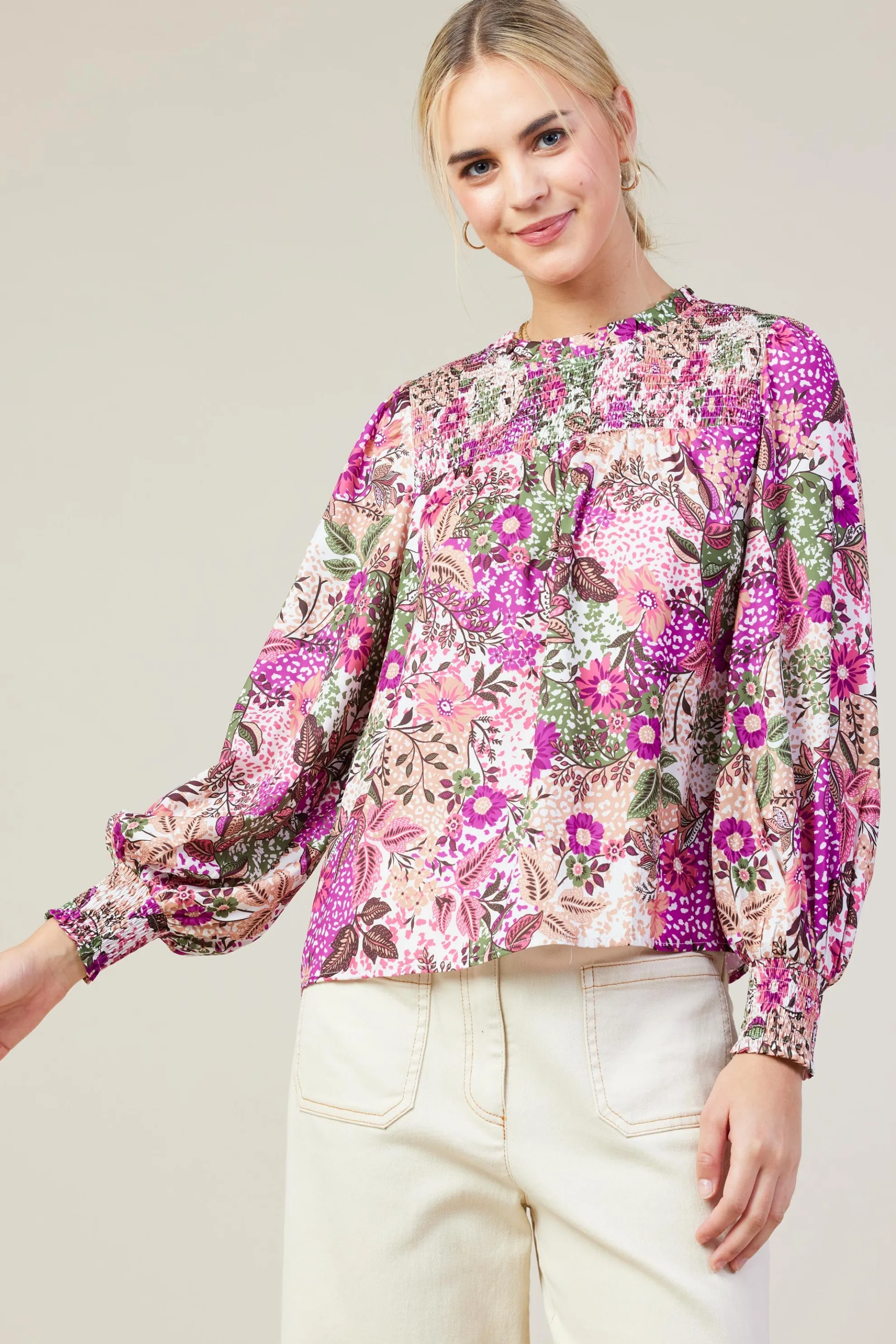 Floral Print Smocked Neckline Blouse