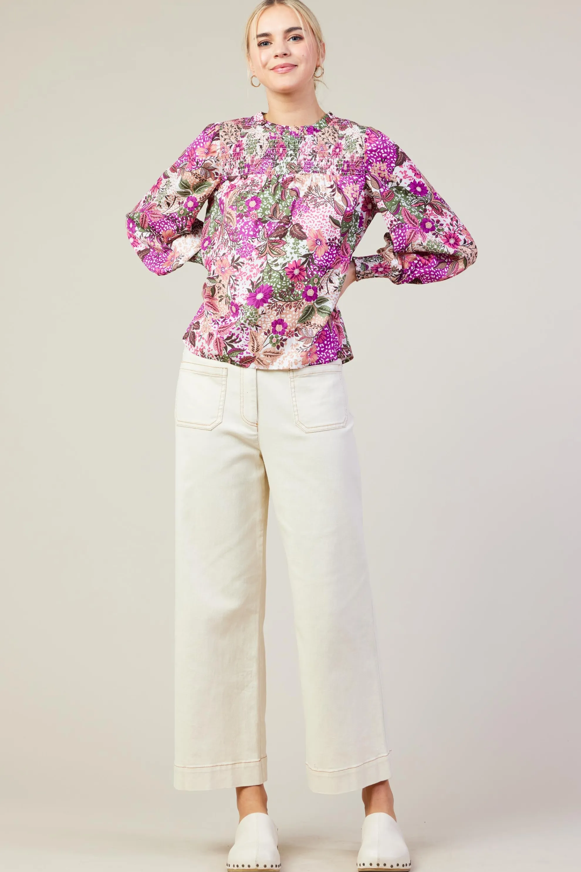 Floral Print Smocked Neckline Blouse