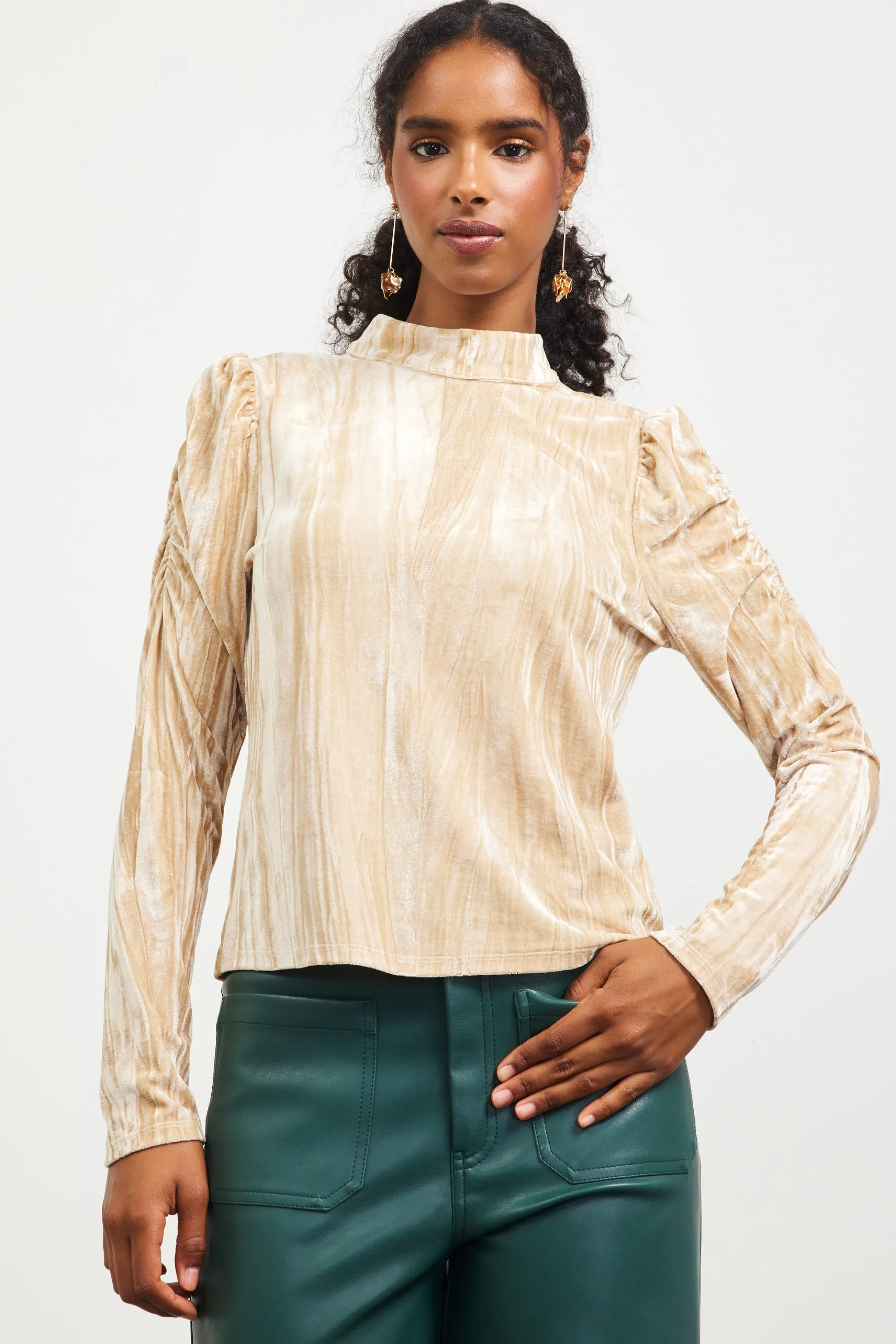Crinkled Velvet Mock Neck Top