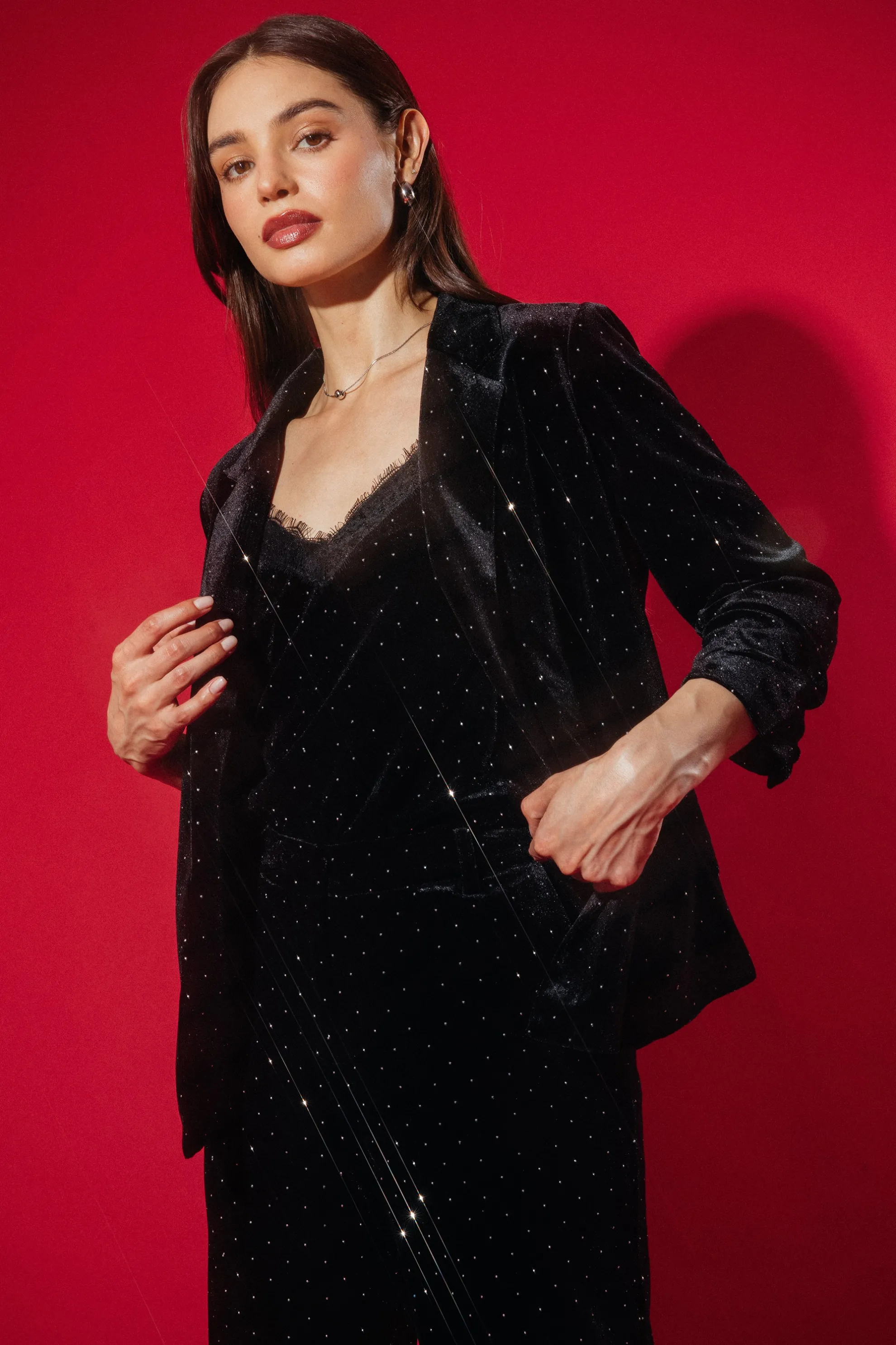 Rhinestone Ruched Velvet Blazer