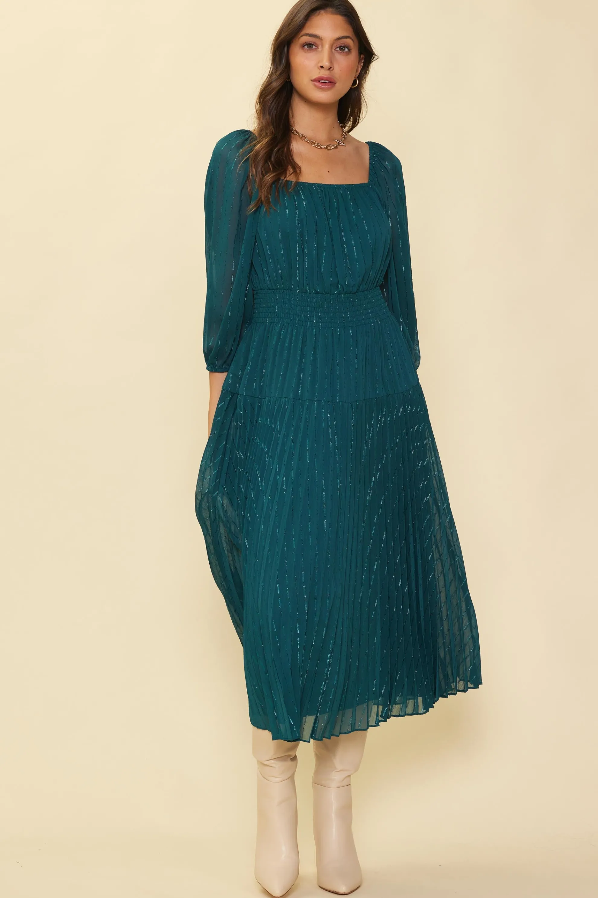 Shimmery Pleated Midi Dress