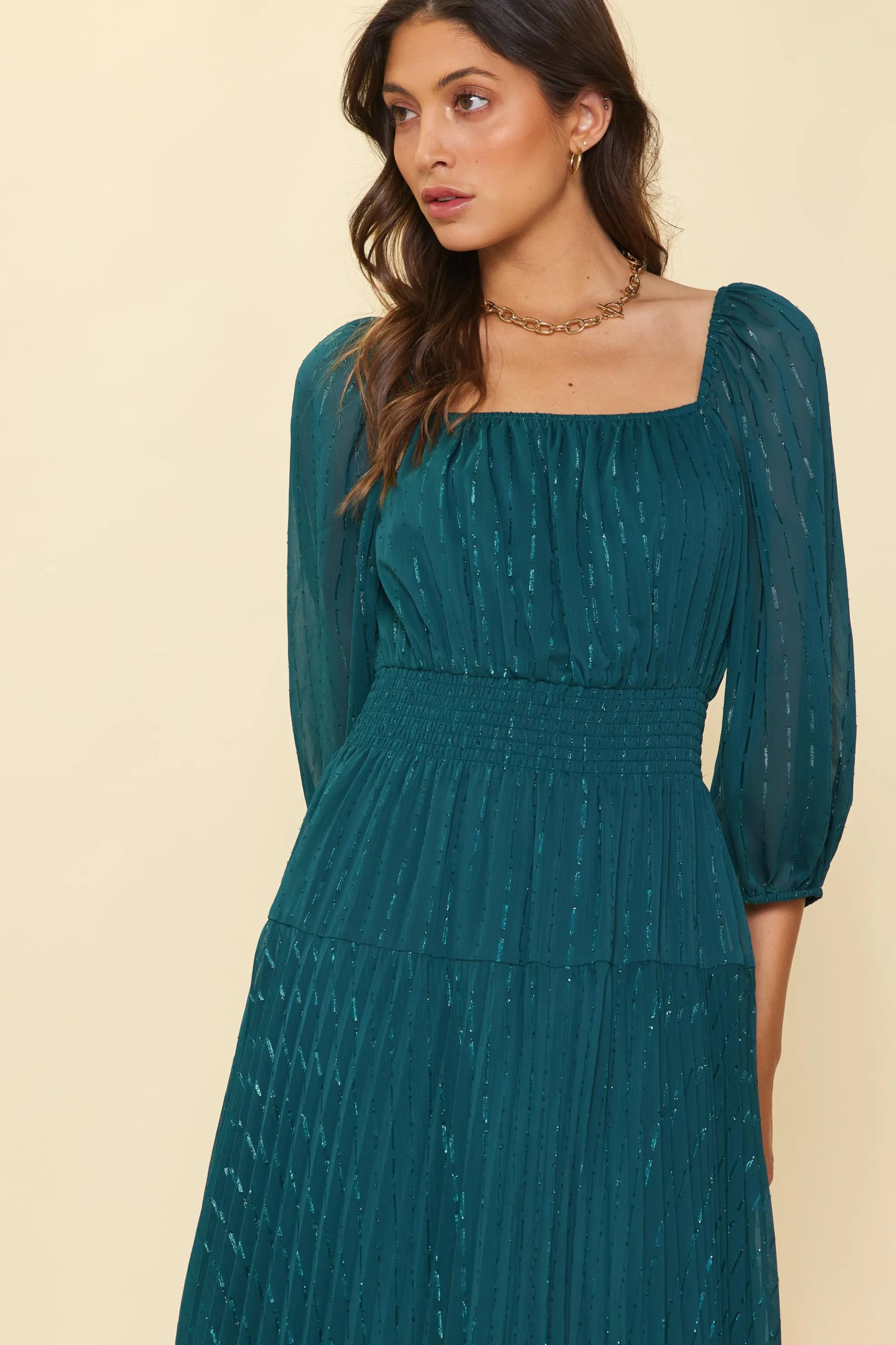 Shimmery Pleated Midi Dress