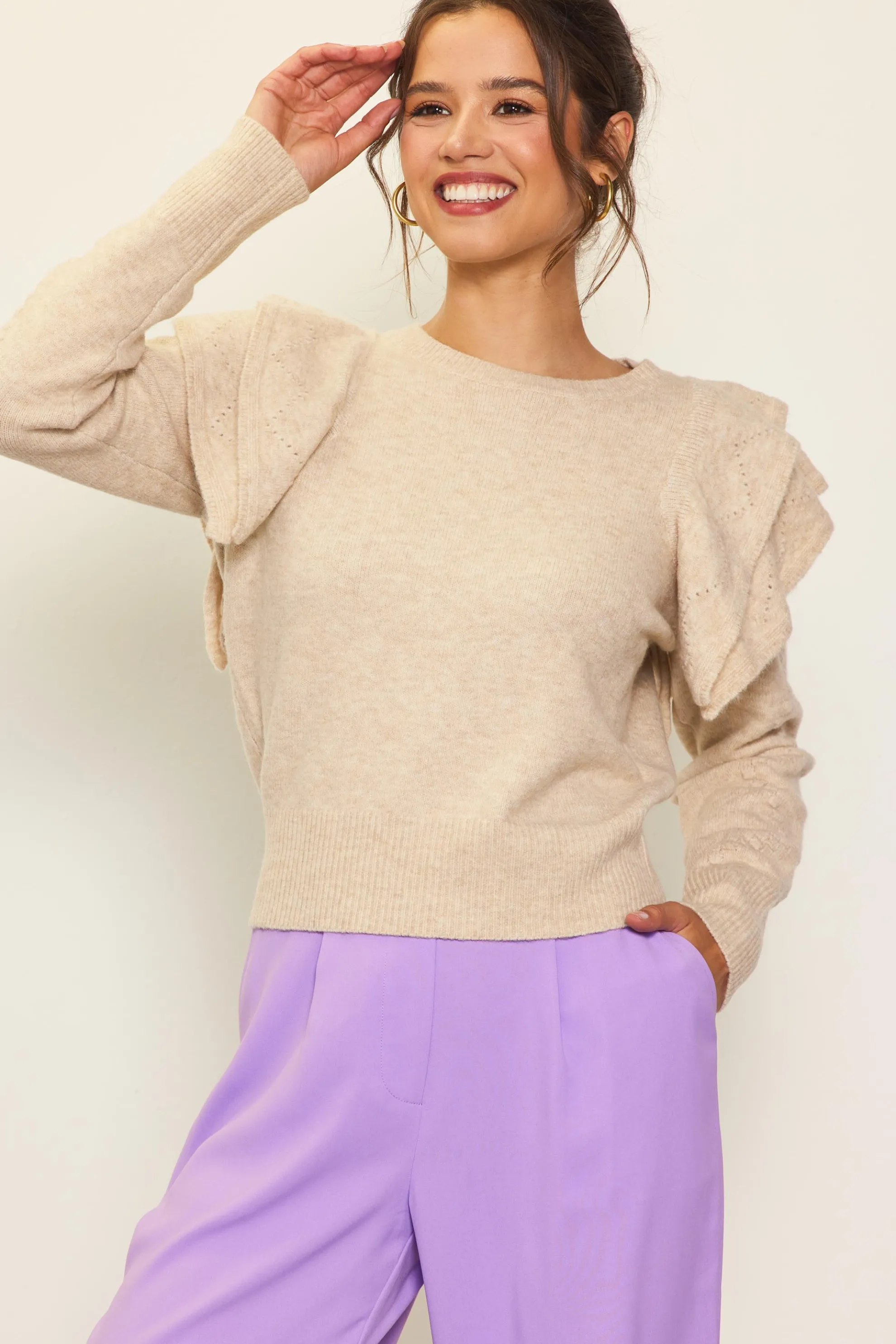 Pointelle-Knit Ruffle Sleeve Sweater