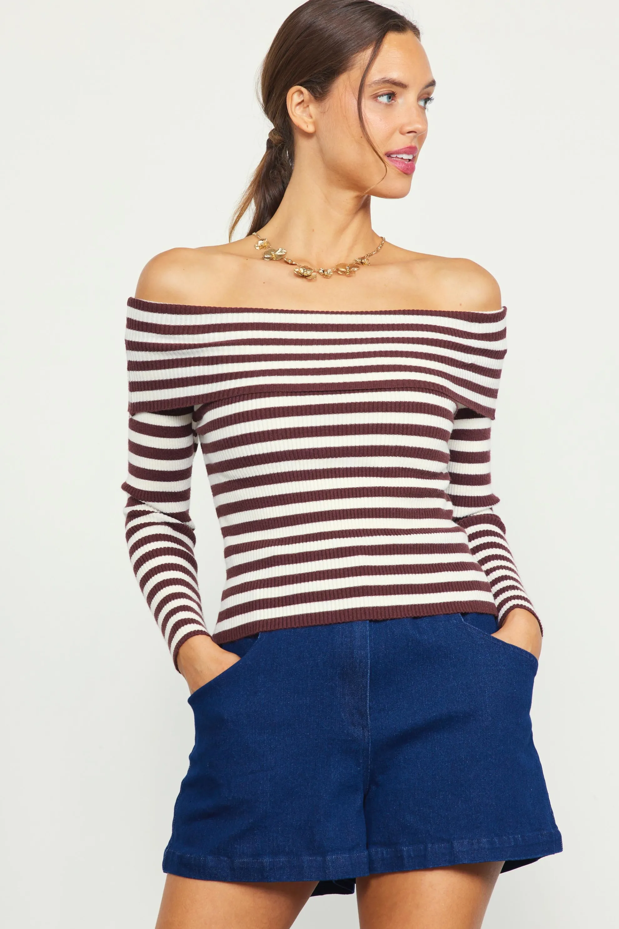 Off Shoulder Stripped Knit Top
