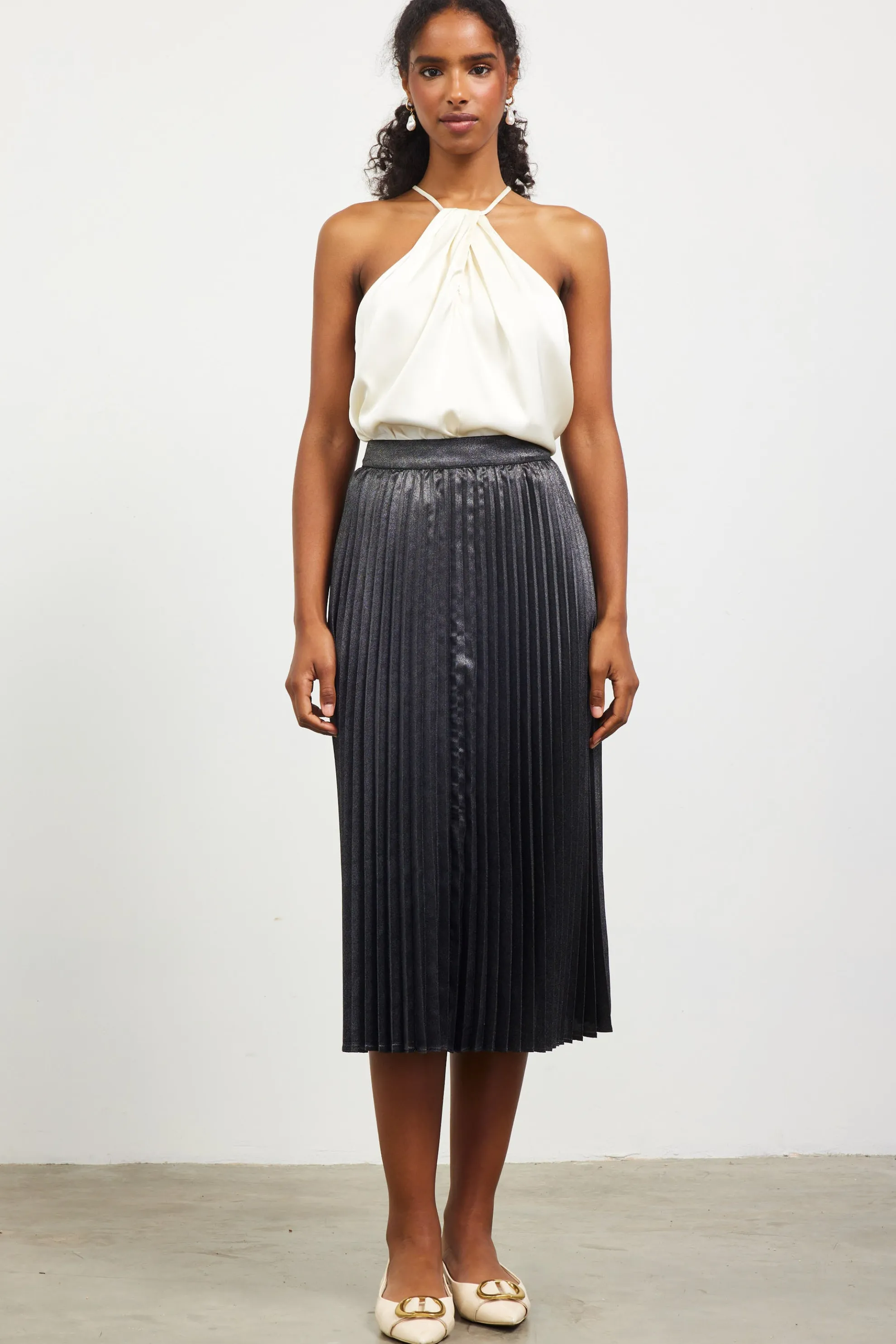Metallic Foil Pleated Midi Skirt