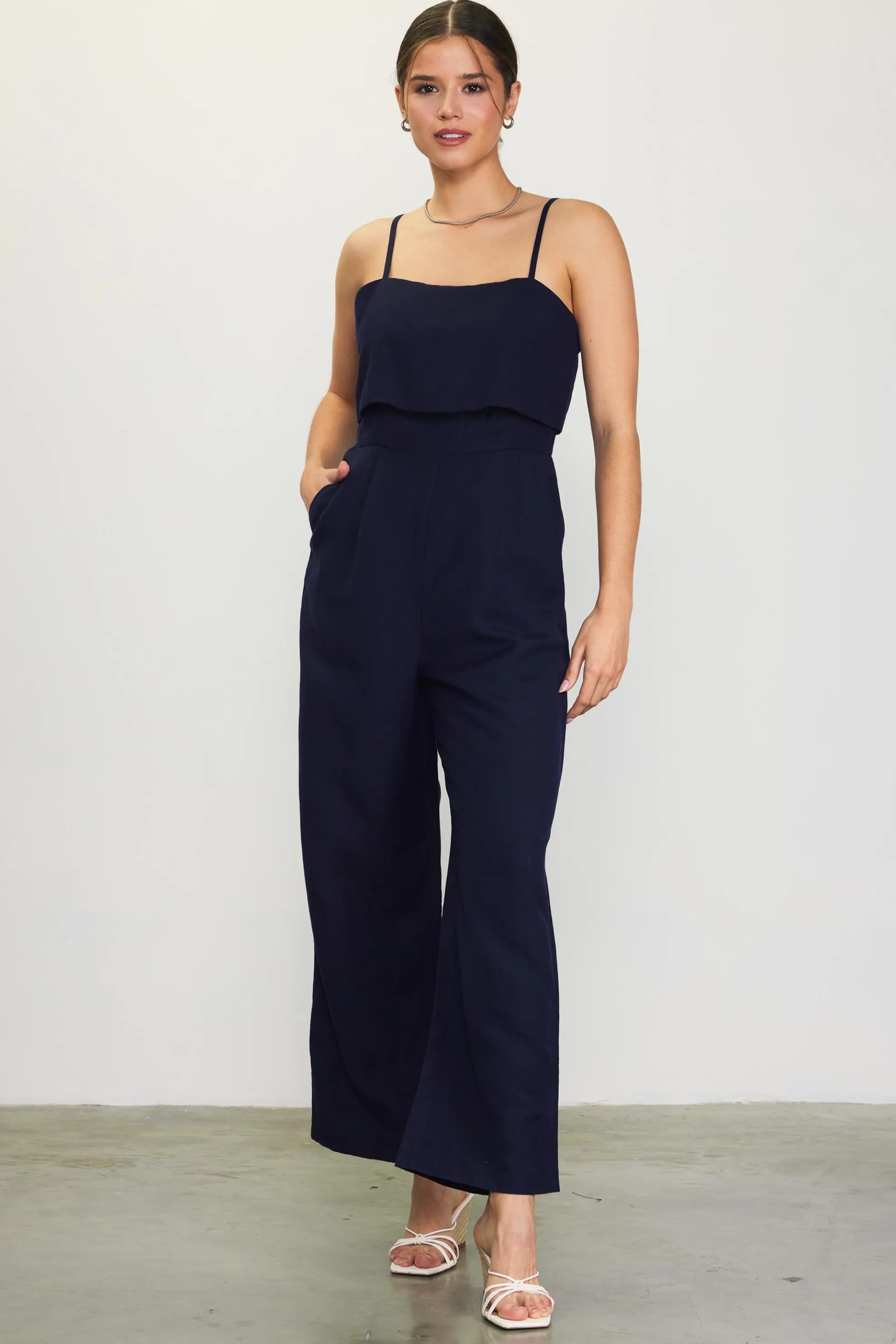 Linen Blend Shoulder Strap Jumpsuit