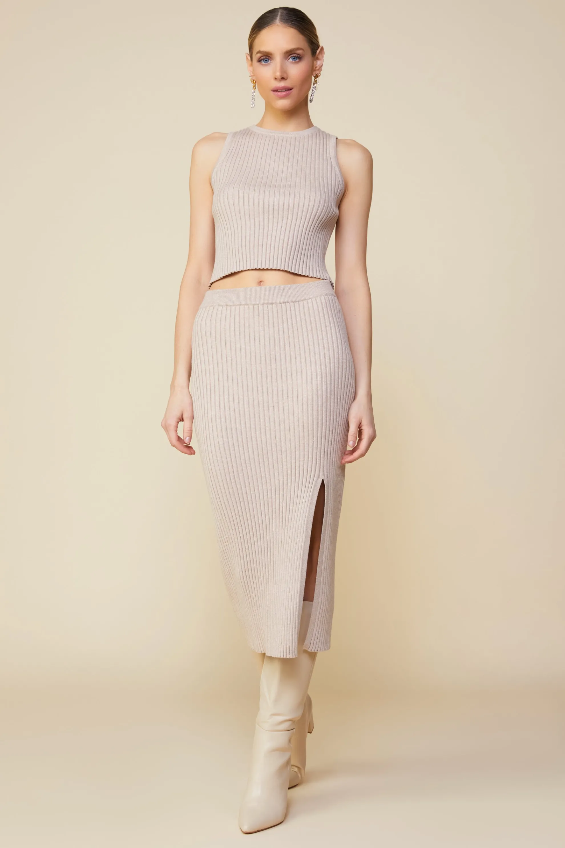 Ribbed Knit Side Slit Skirt