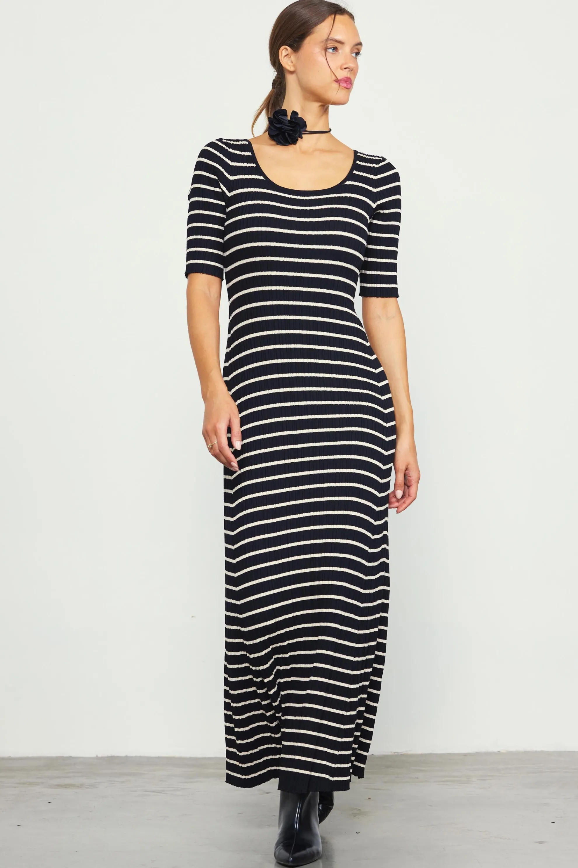Short Sleeve Striped Knit Maxi Dress