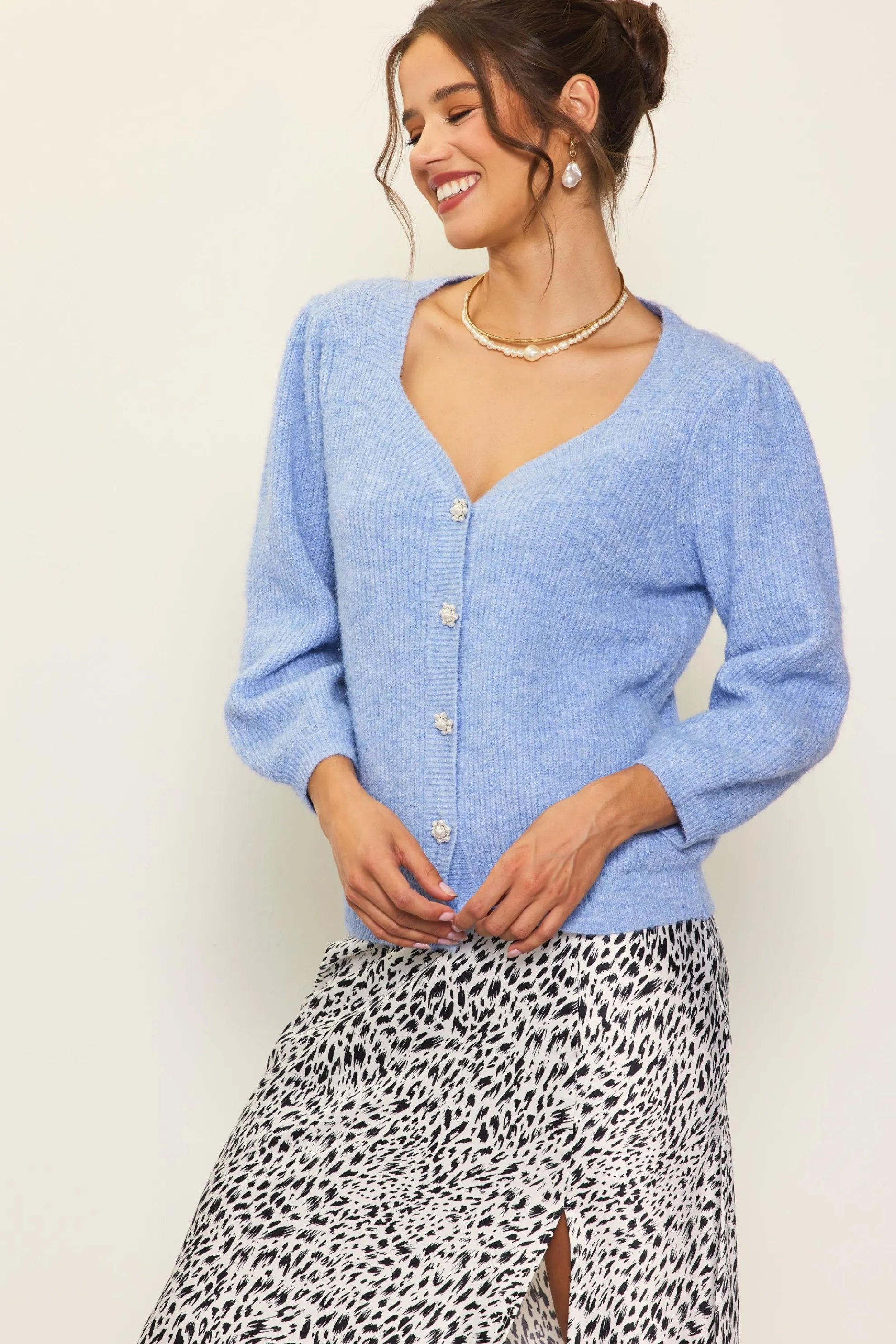 Jewelry Button Puff Sleeve Cardigan