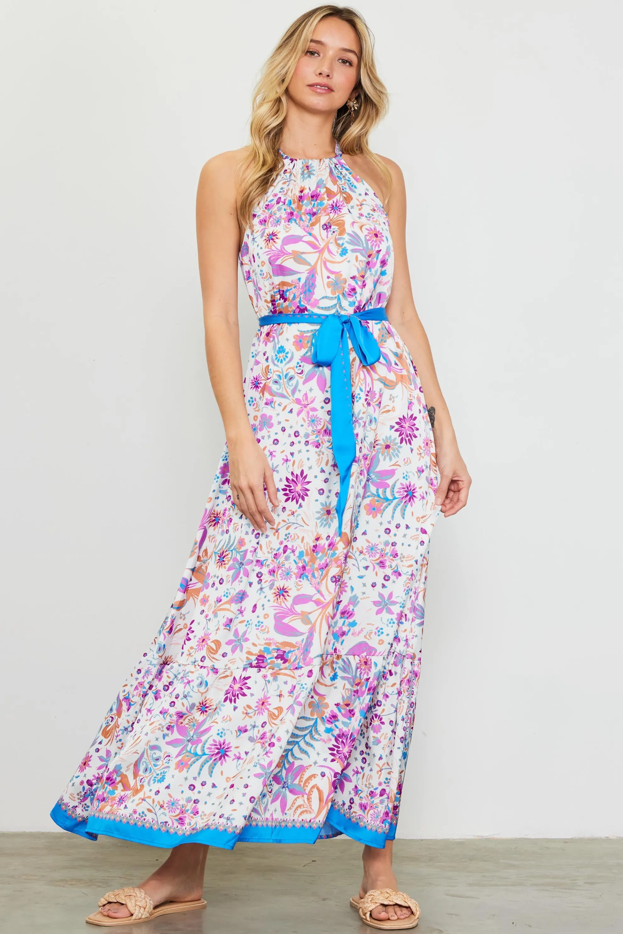 Magnolia Border Print Halter Neck Maxi Dress