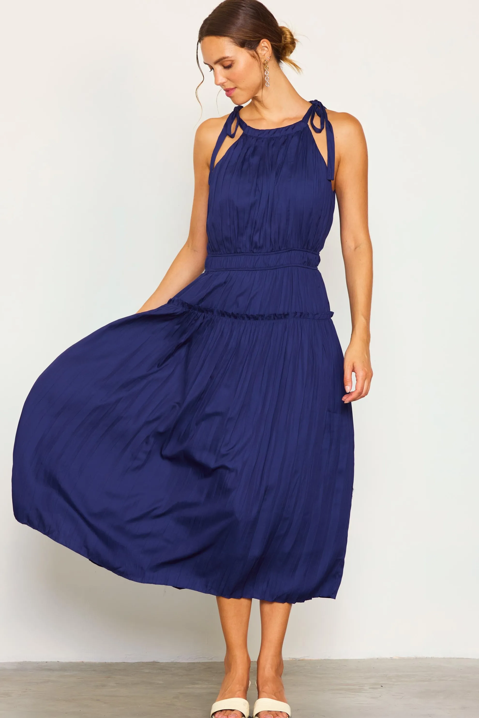 Pleated Halter Midi Dress
