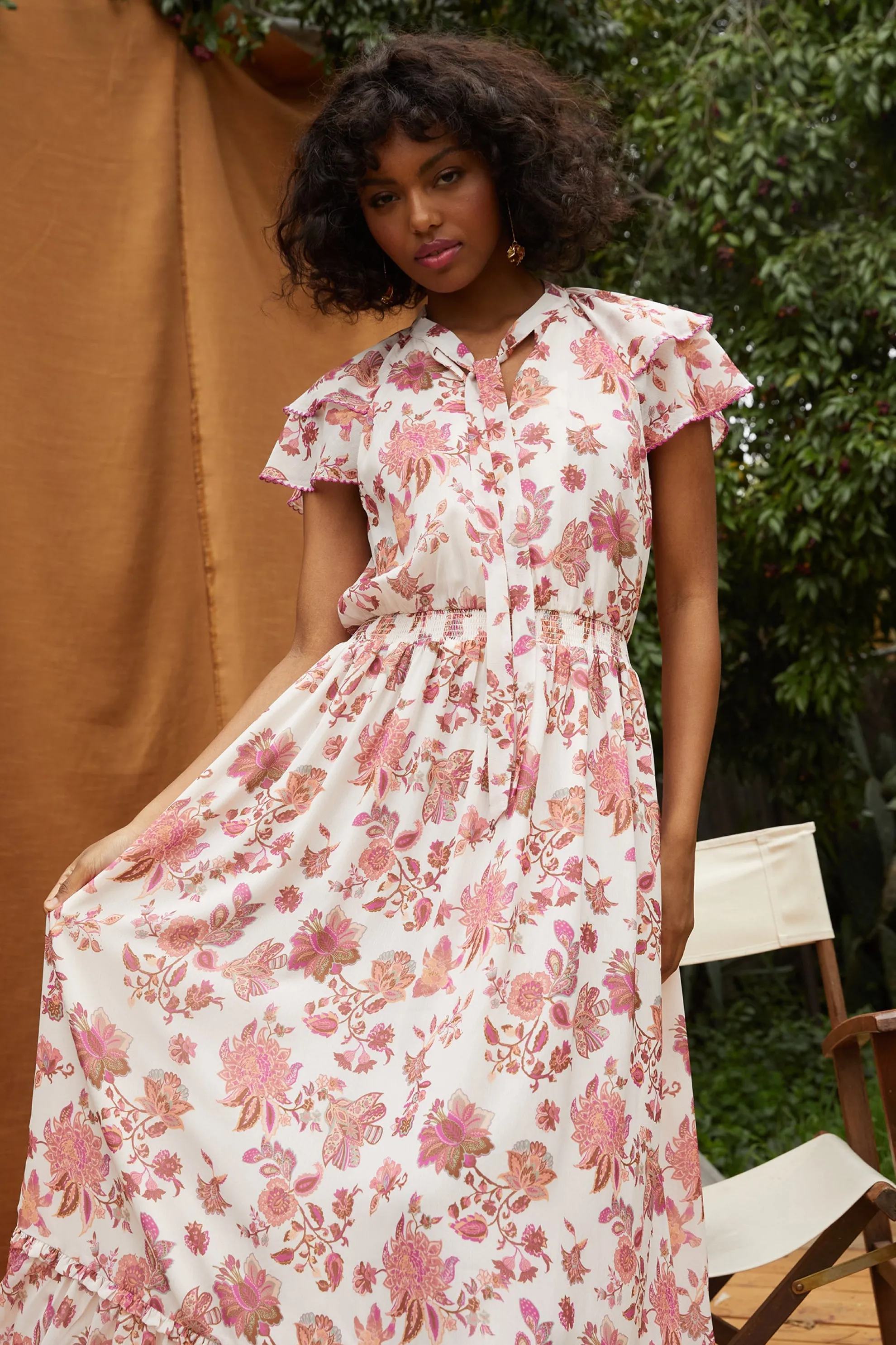 Ceres Floral Print Tie Neck Midi Dress