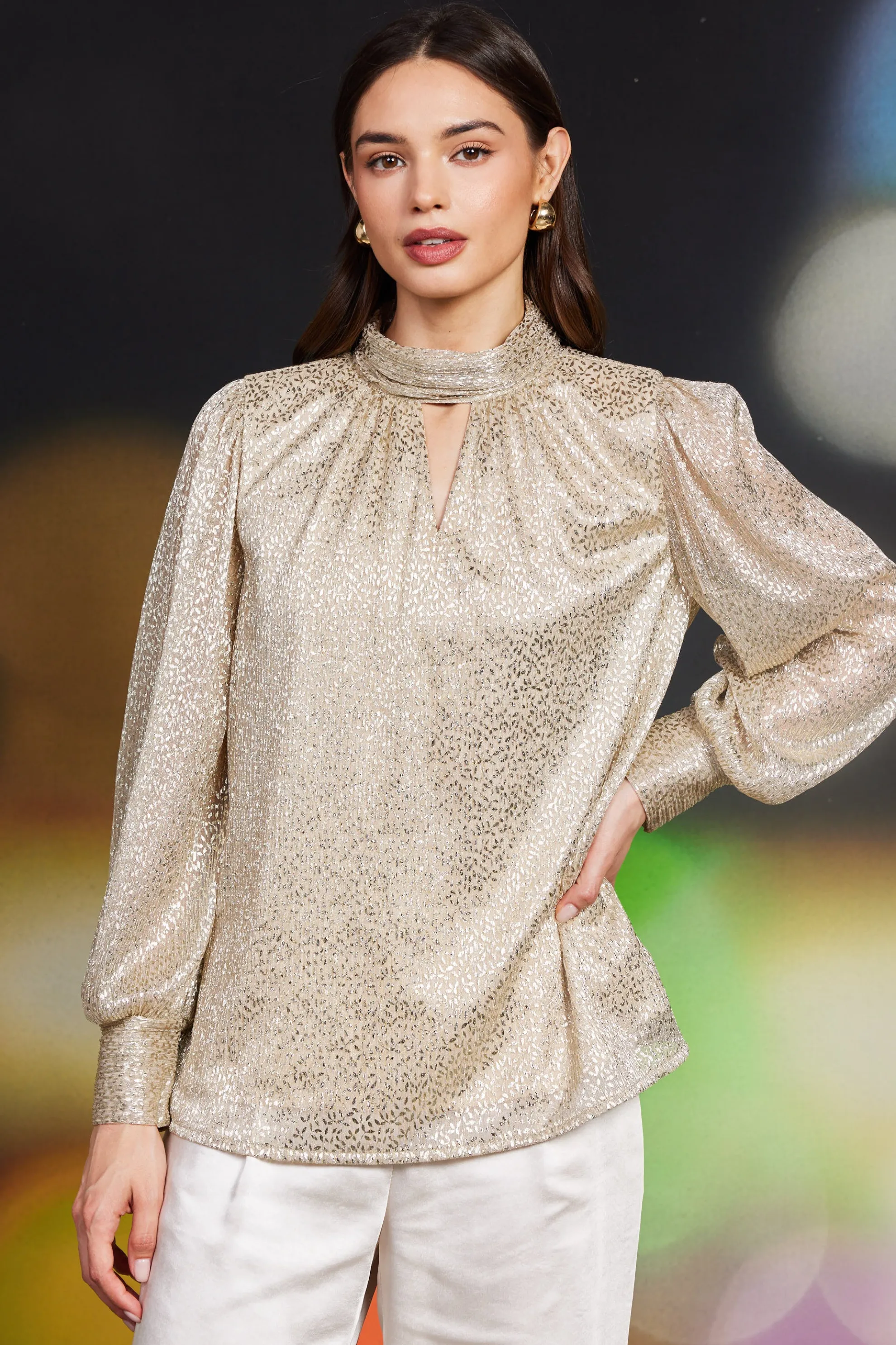 Lurex Shirred Mock Neck Top