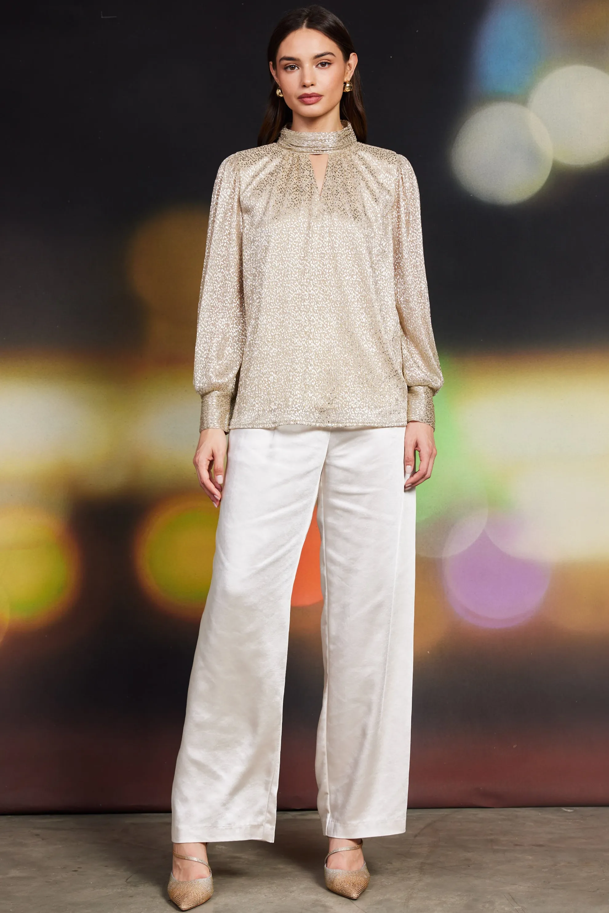 Lurex Shirred Mock Neck Top