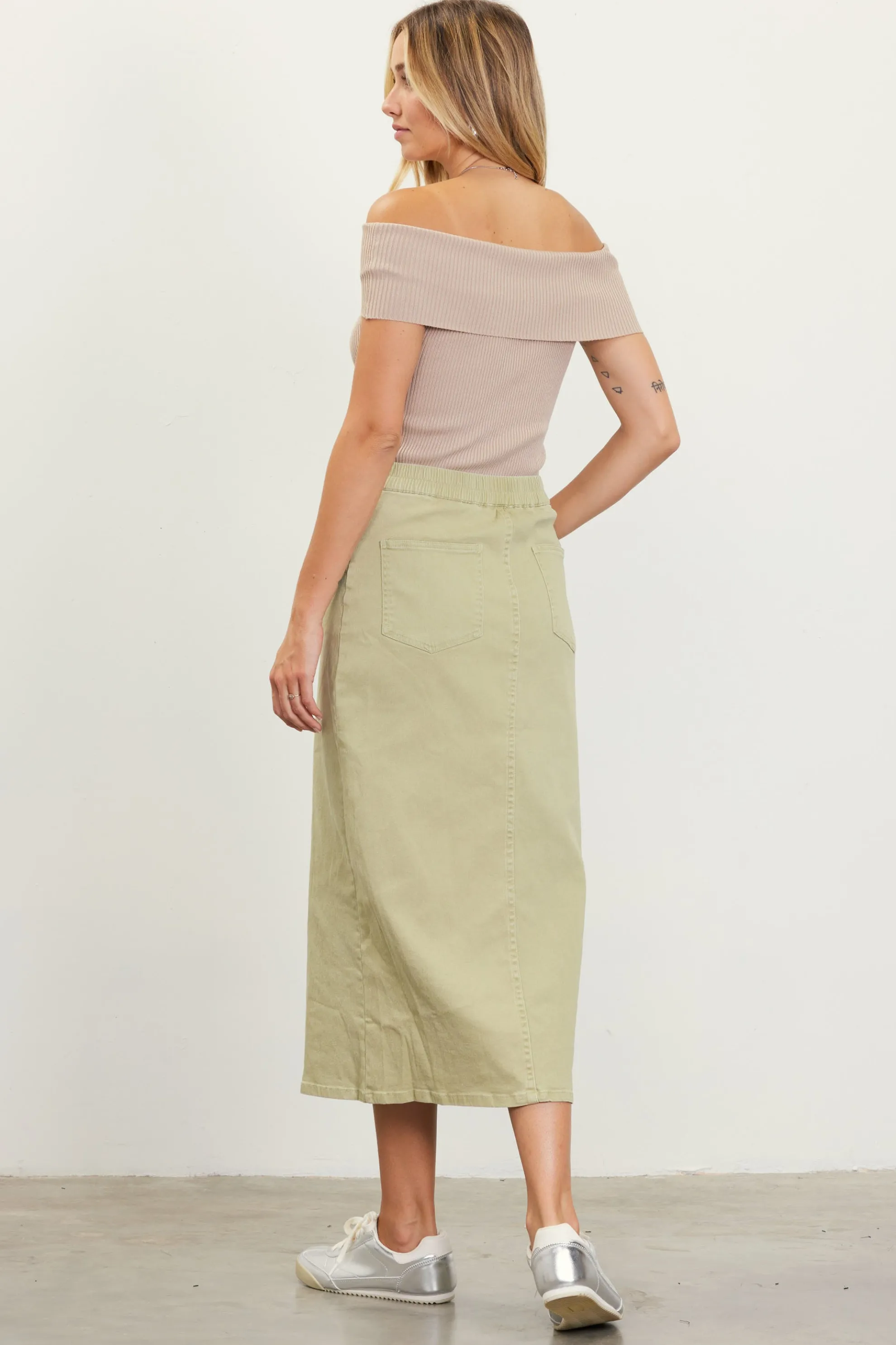 Washed Cotton Twill Midi Skirt