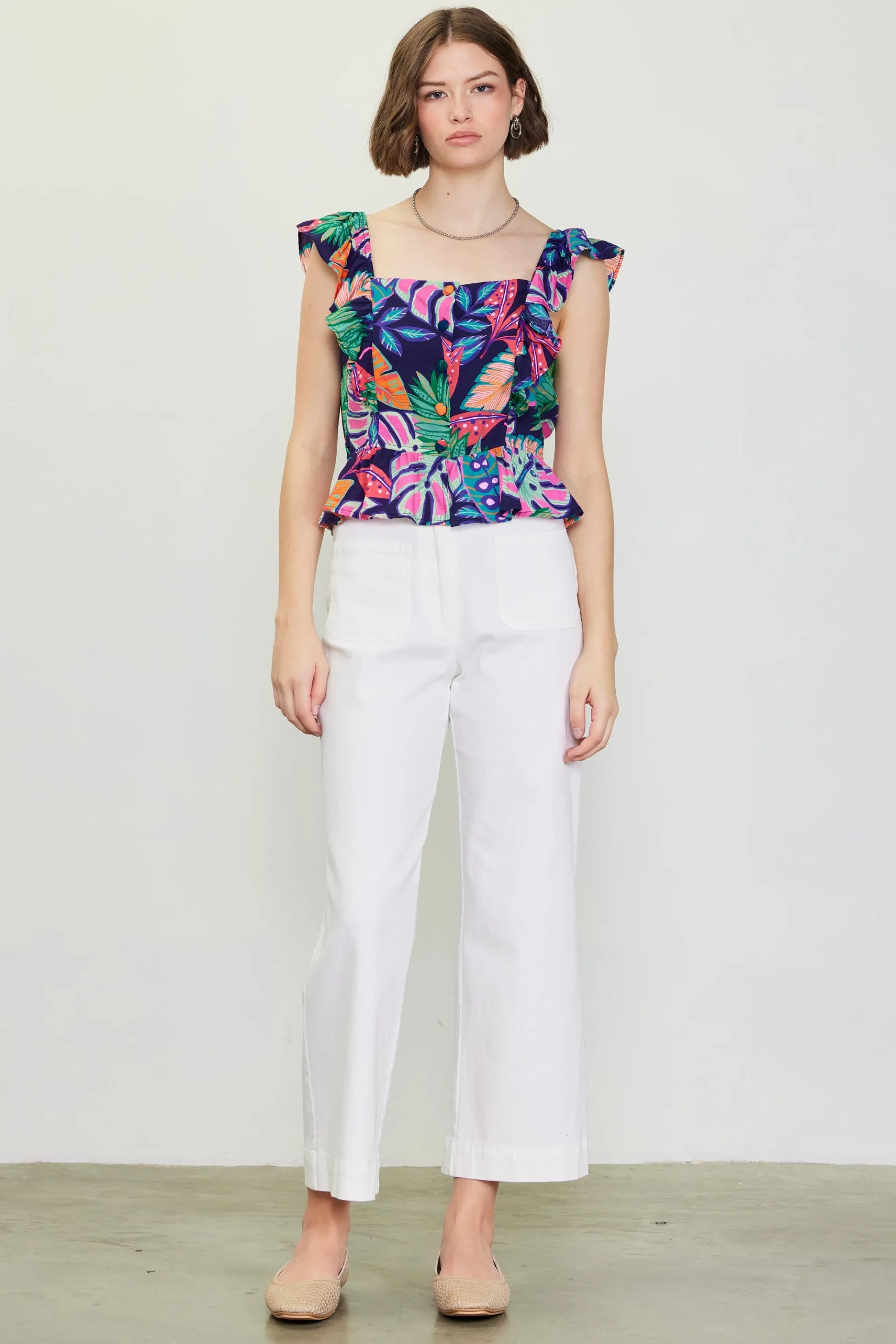 Ula Tropical Print Ruffled Sleeve Top