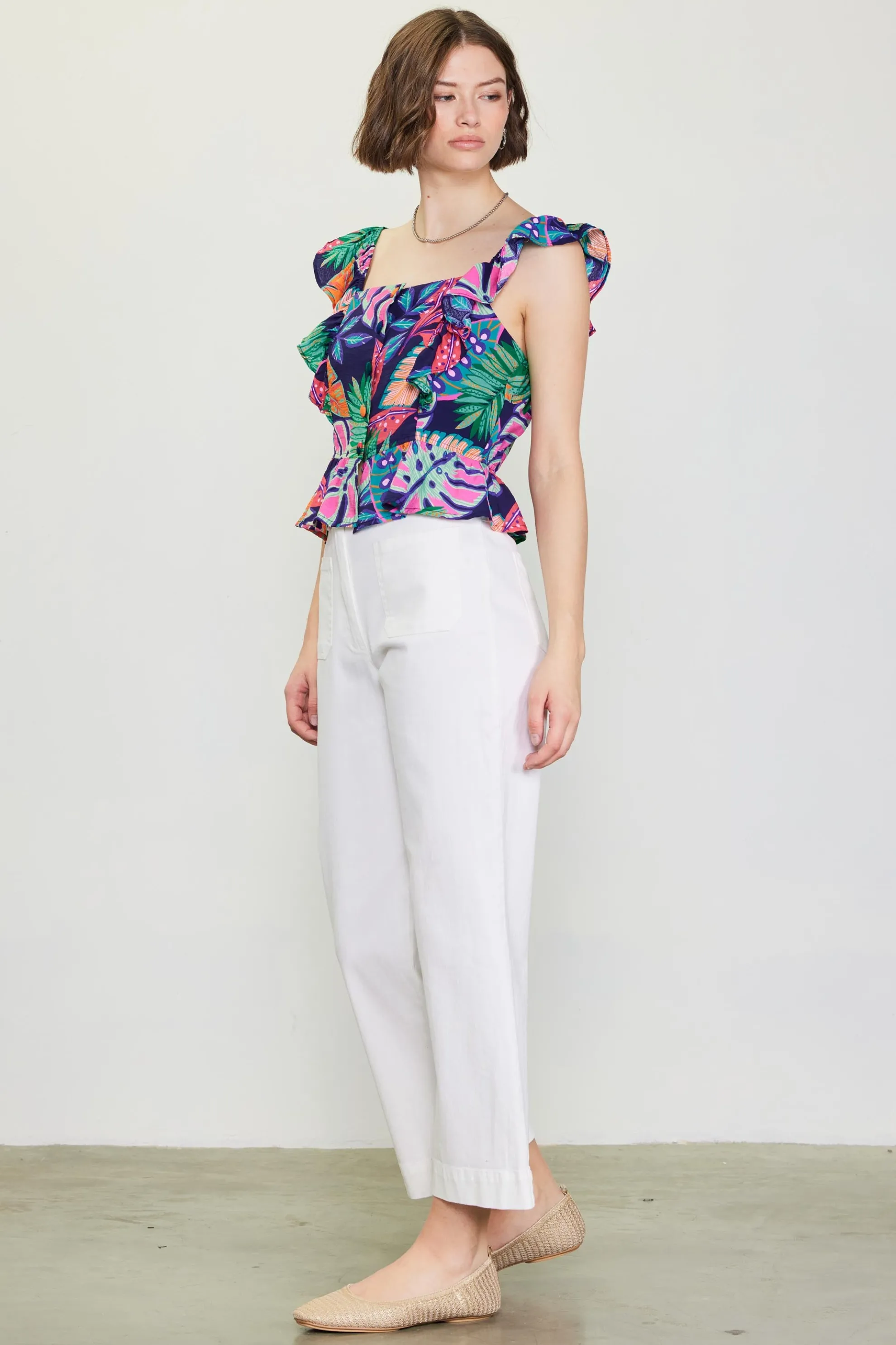 Ula Tropical Print Ruffled Sleeve Top
