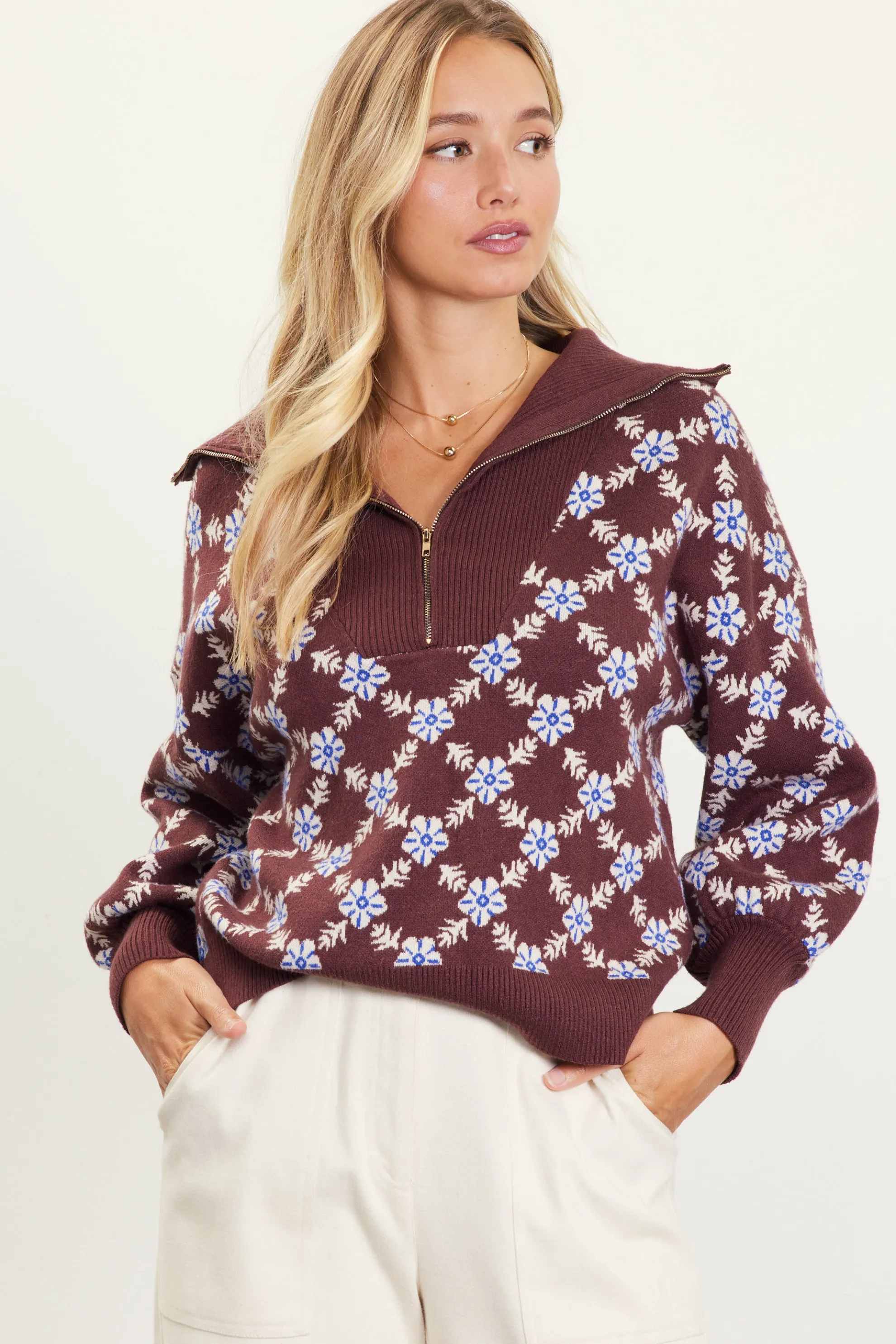 Intarsia Knit Half Zip Sweater