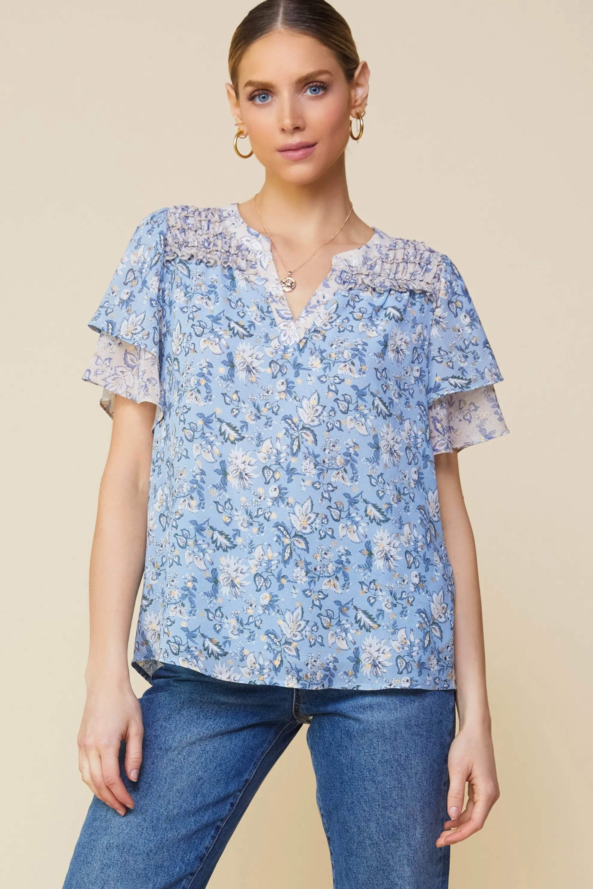 Aster Print Ruffled Detail Contrast Top
