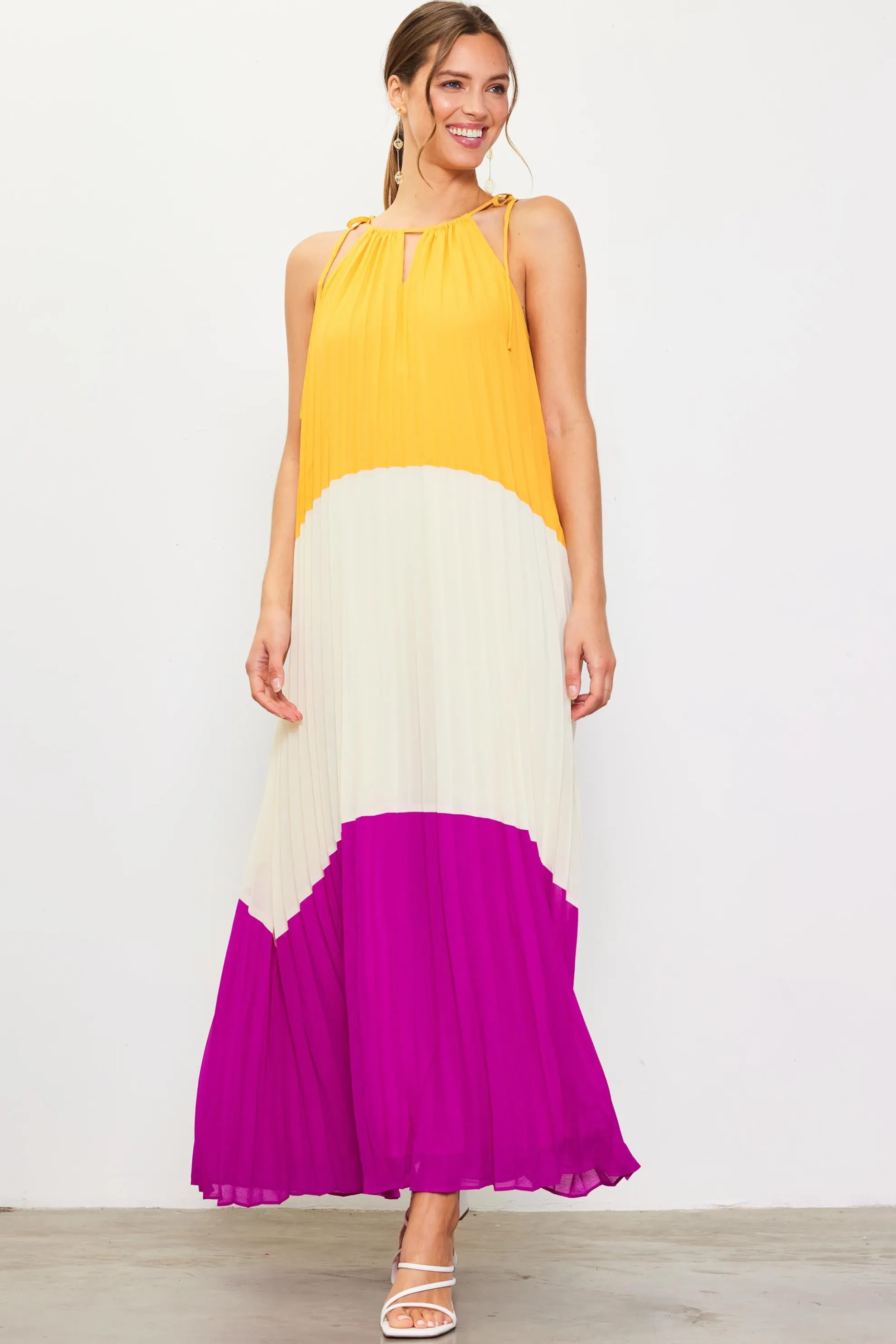 Pleated Color Block Maxi Dress