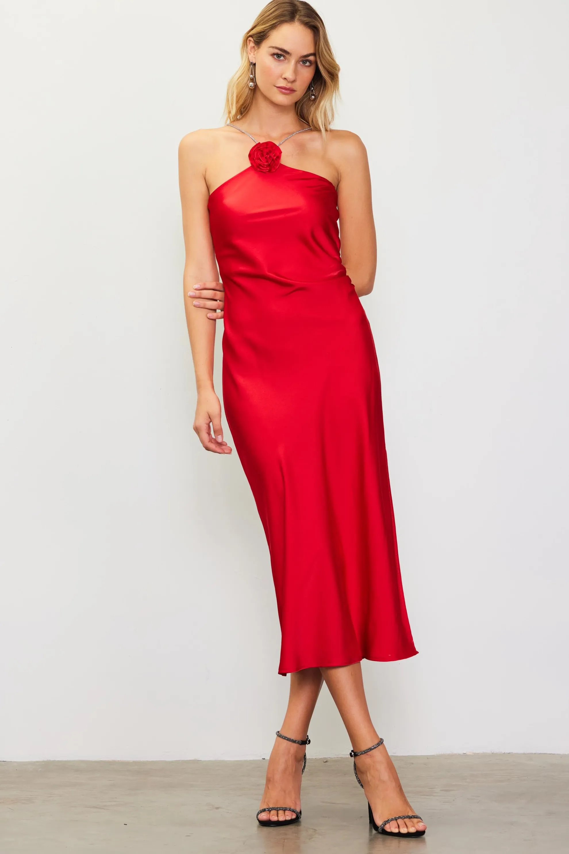 Detachable Rosette Metallic Strap Midi Dress