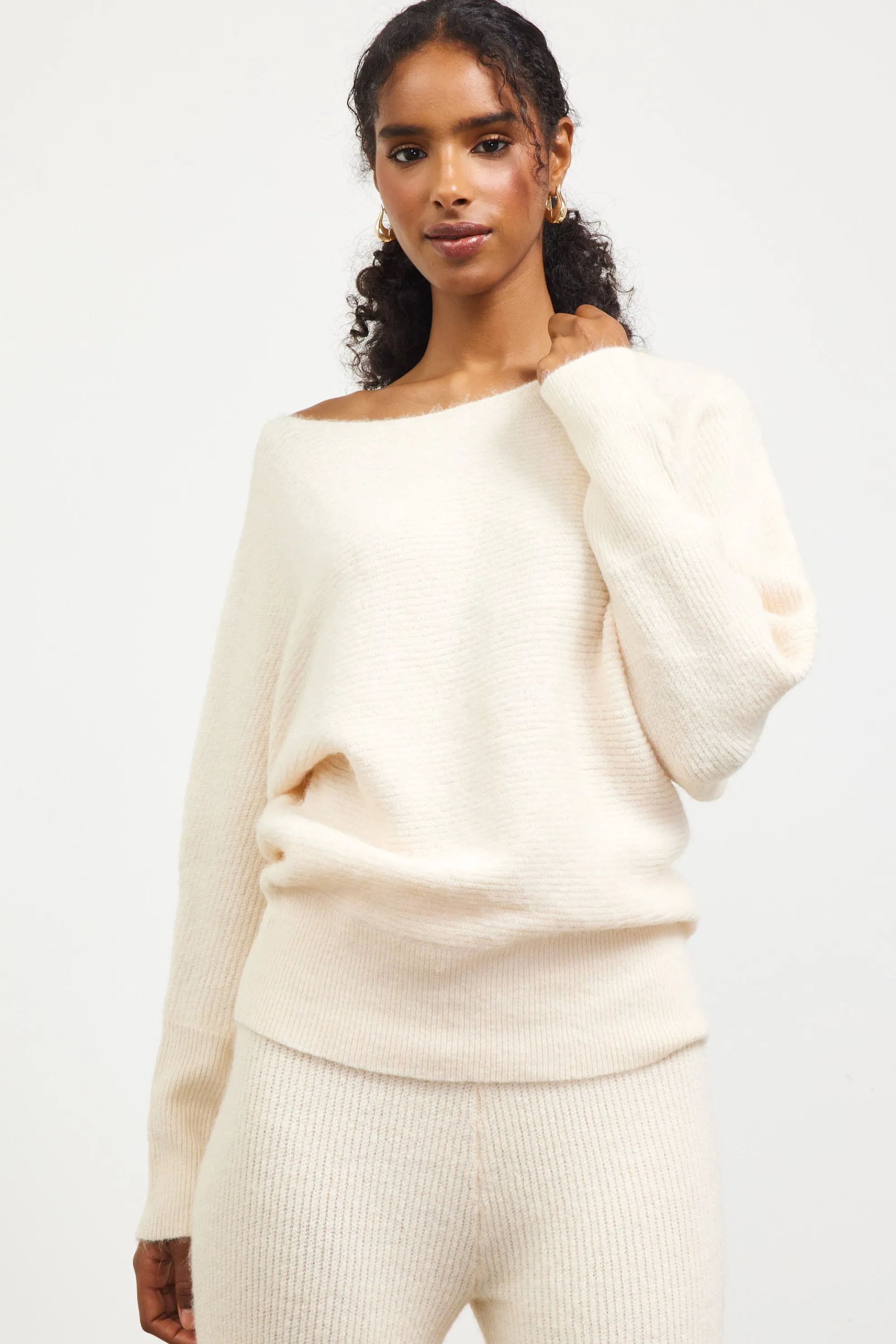 Boatneck Ribbed Knit Sweater